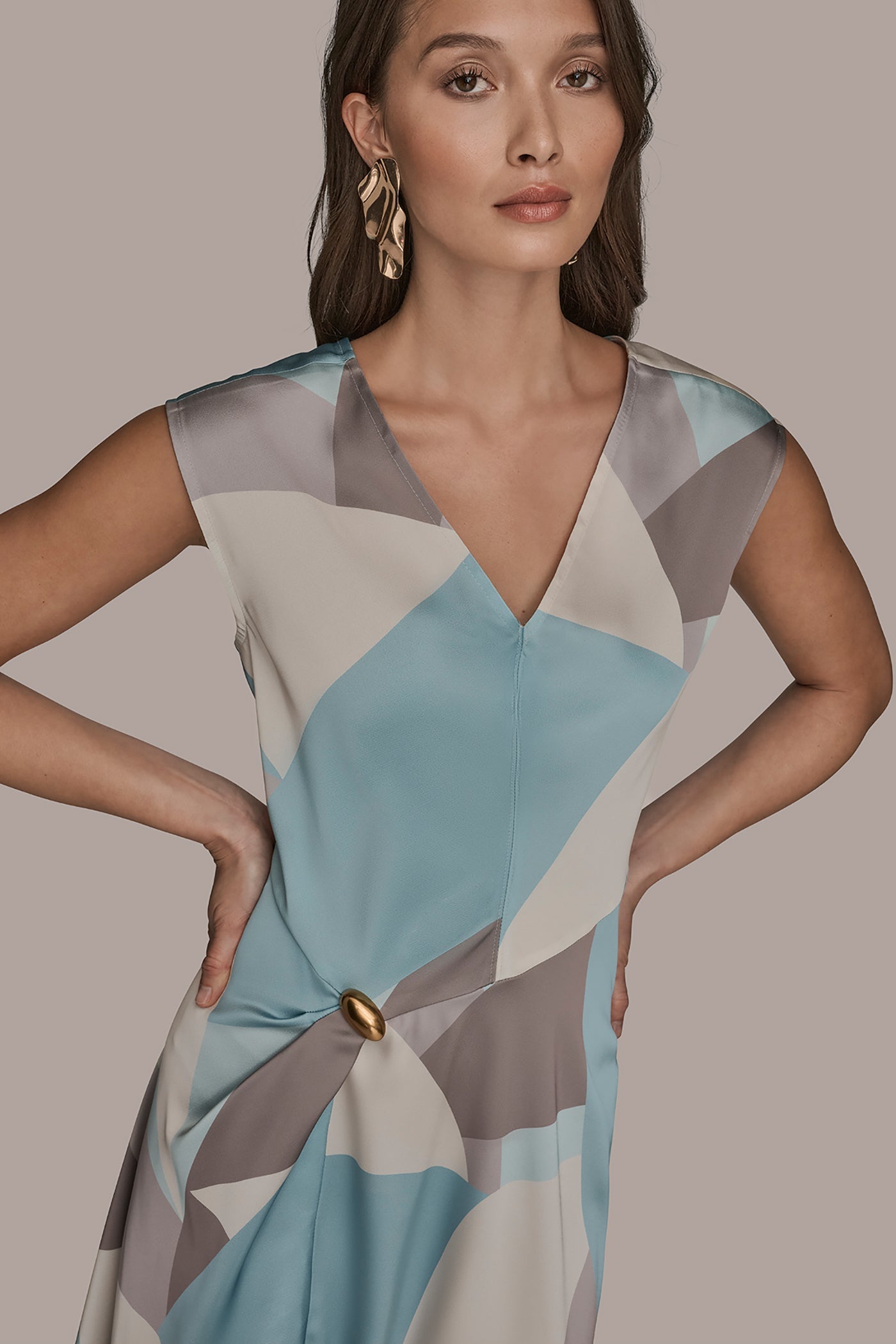 Mist Multi CAP SLEEVE V-NECK PRINTED MIDI DRESS Donna Karan