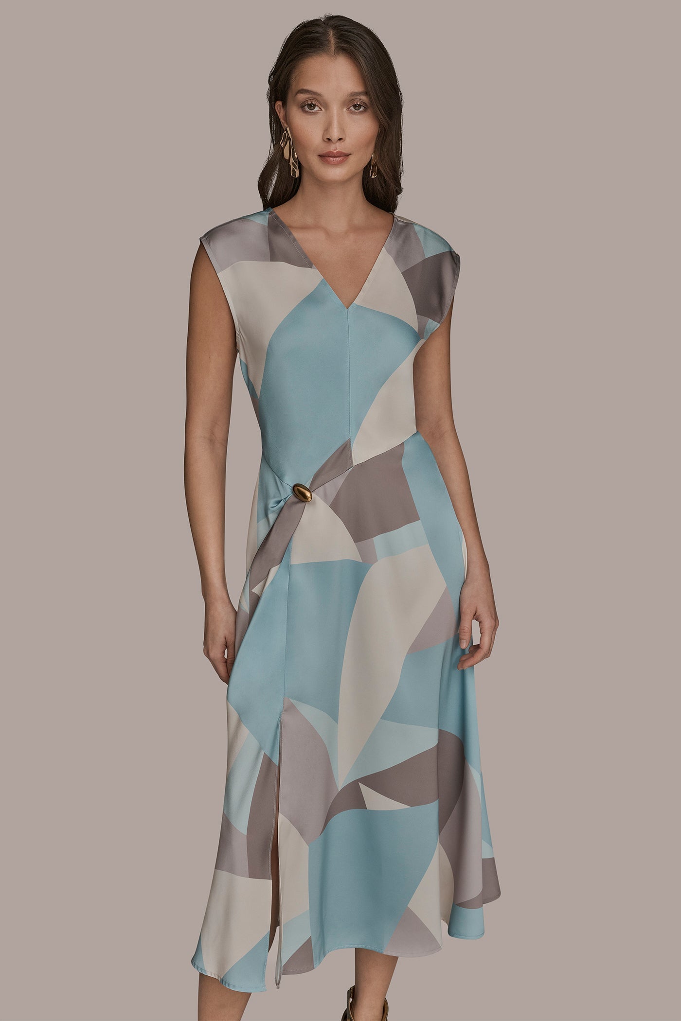 Mist Multi CAP SLEEVE V-NECK PRINTED MIDI DRESS Donna Karan
