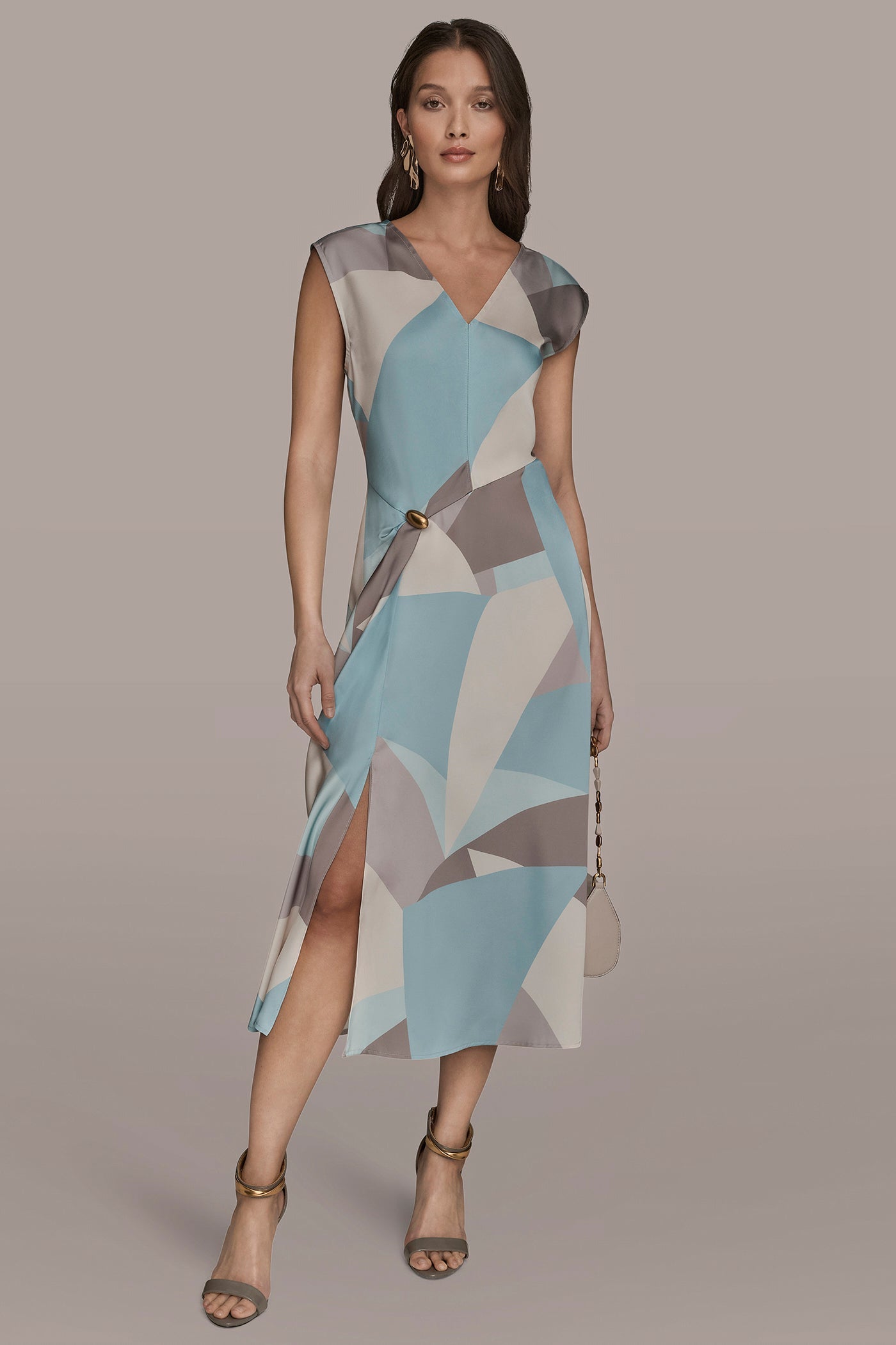Mist Multi CAP SLEEVE V-NECK PRINTED MIDI DRESS Donna Karan