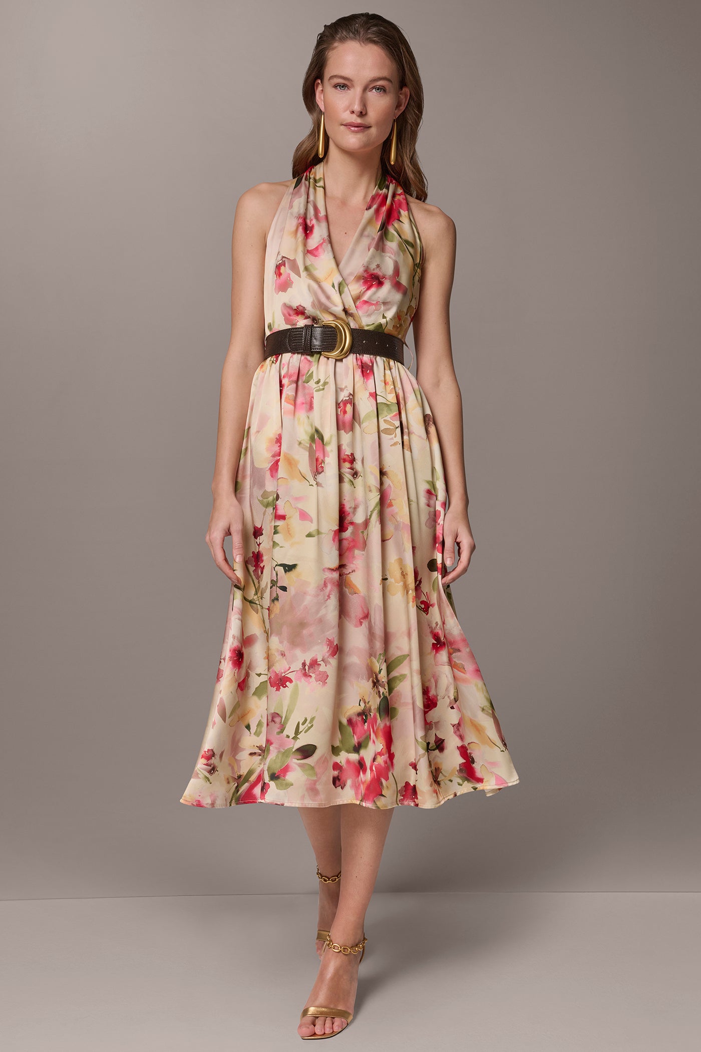 Eggshell Multi CHARMEUSE FLORAL WRAP-EFFECT MIDI HALTER DRESS Donna Karan