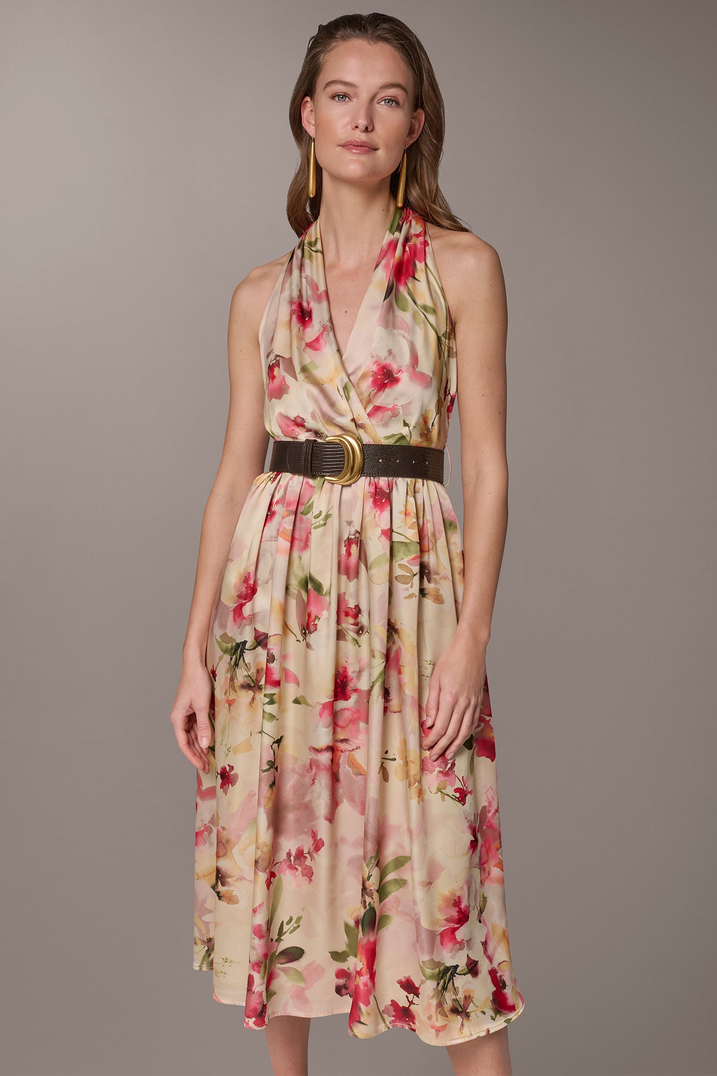 Eggshell Multi CHARMEUSE FLORAL WRAP-EFFECT MIDI HALTER DRESS Donna Karan