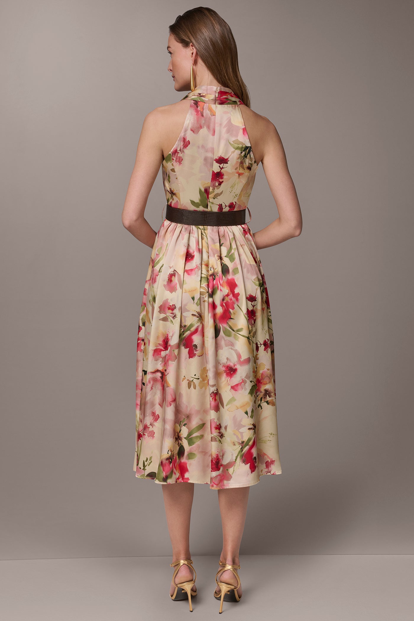 Eggshell Multi CHARMEUSE FLORAL WRAP-EFFECT MIDI HALTER DRESS Donna Karan