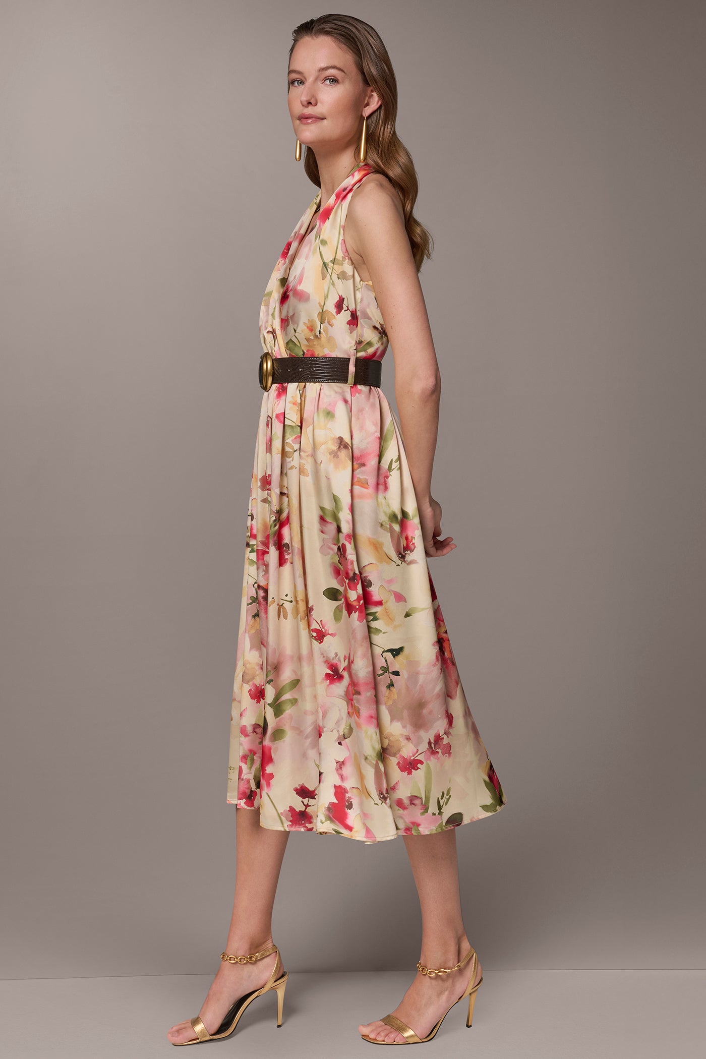 Eggshell Multi CHARMEUSE FLORAL WRAP-EFFECT MIDI HALTER DRESS Donna Karan