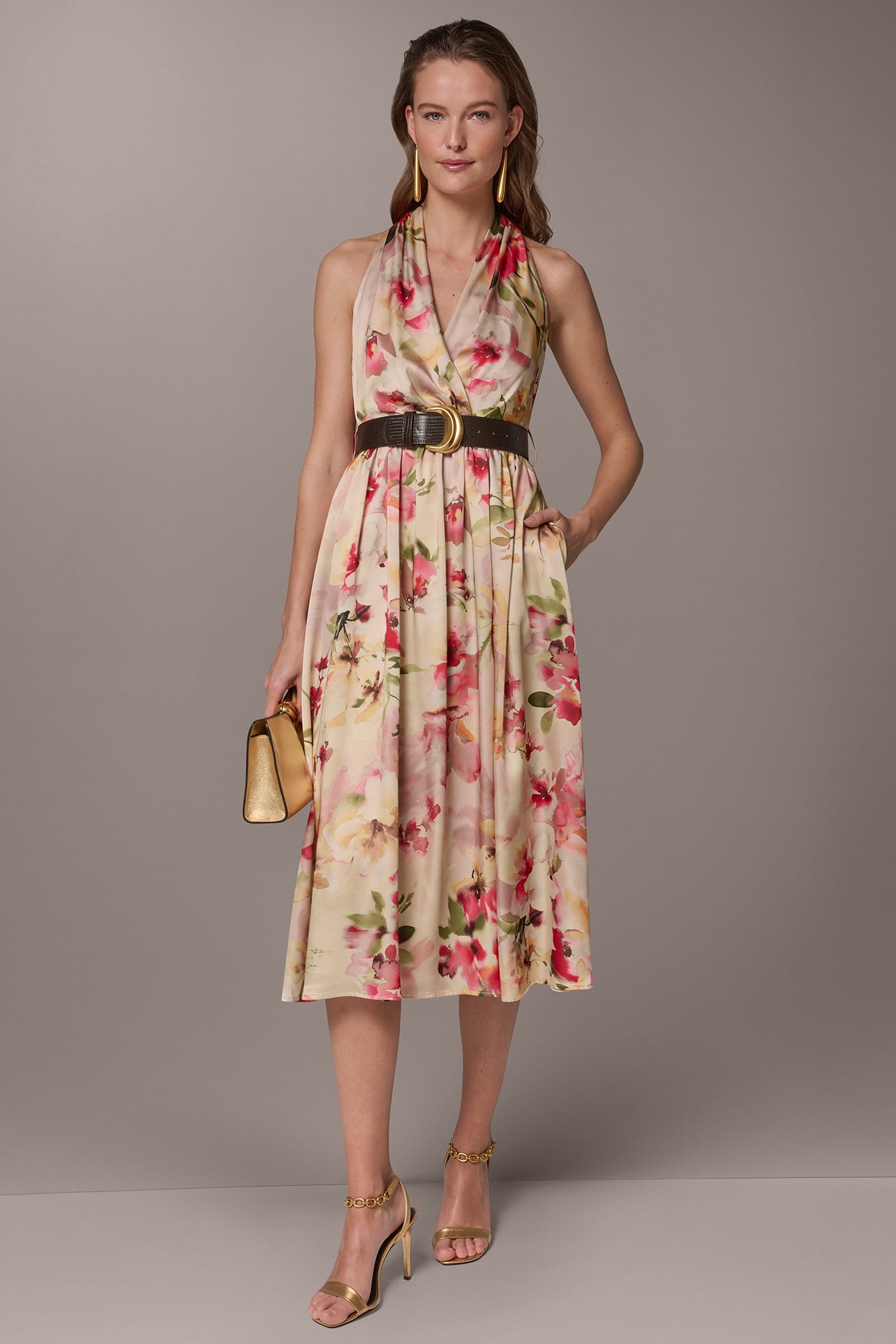 Eggshell Multi CHARMEUSE FLORAL WRAP-EFFECT MIDI HALTER DRESS Donna Karan