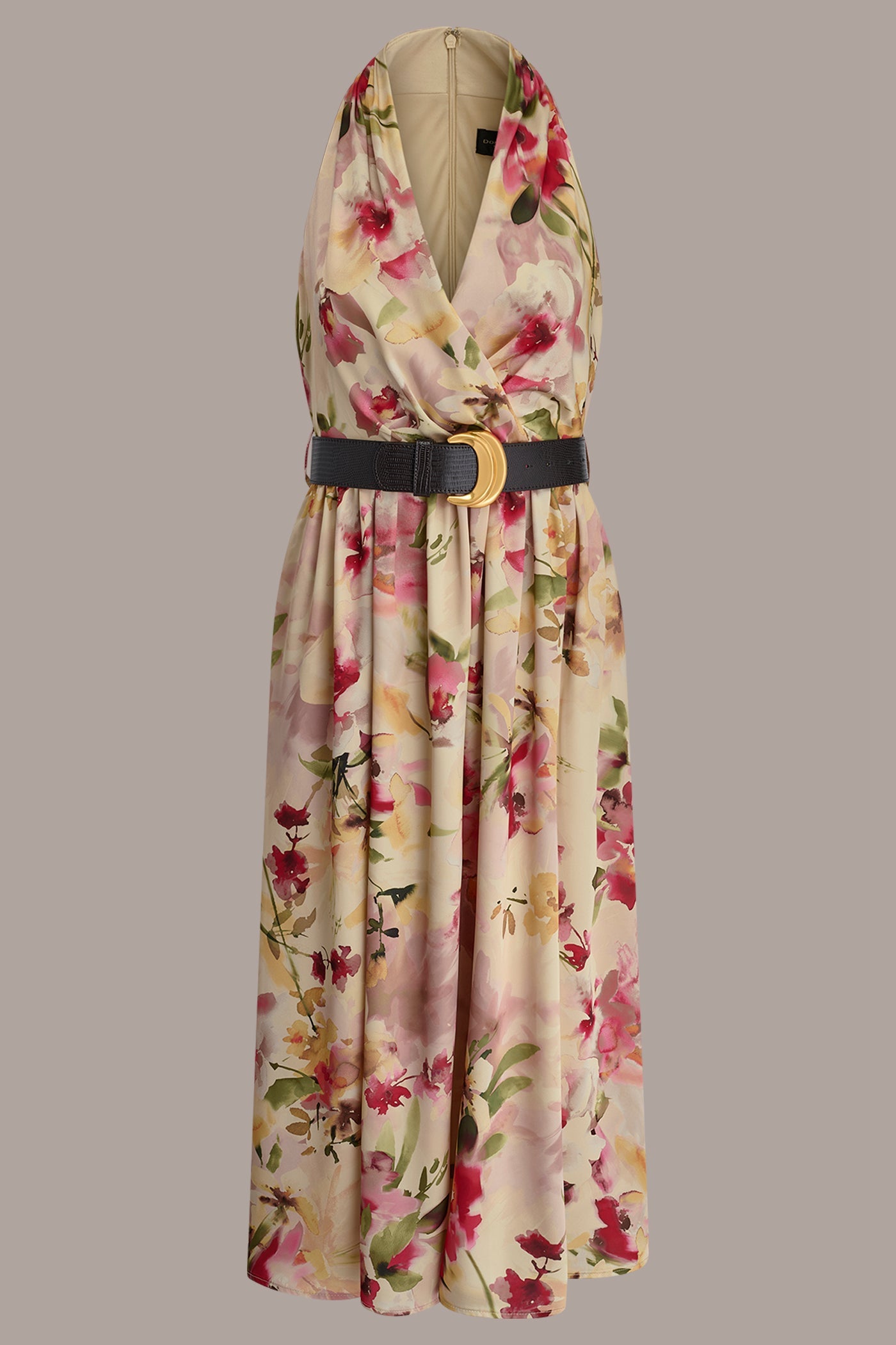 Eggshell Multi CHARMEUSE FLORAL WRAP-EFFECT MIDI HALTER DRESS Donna Karan