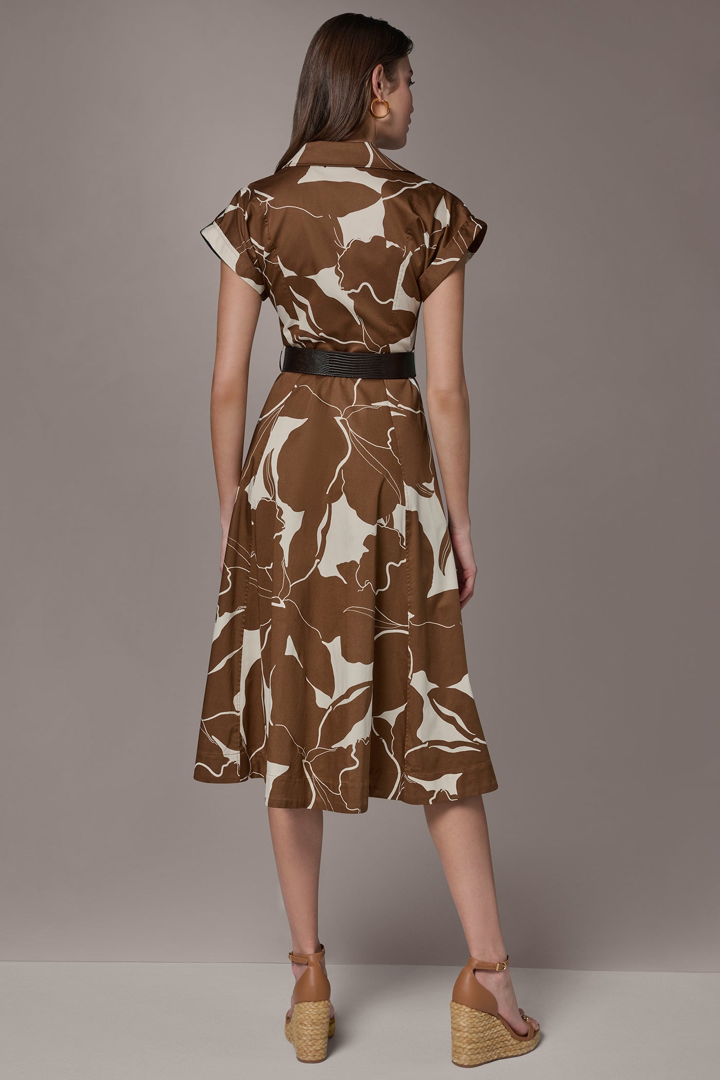Cognac/Light Canvas COTTON-SATEEN FLORAL MIDI SHIRT DRESS Donna Karan