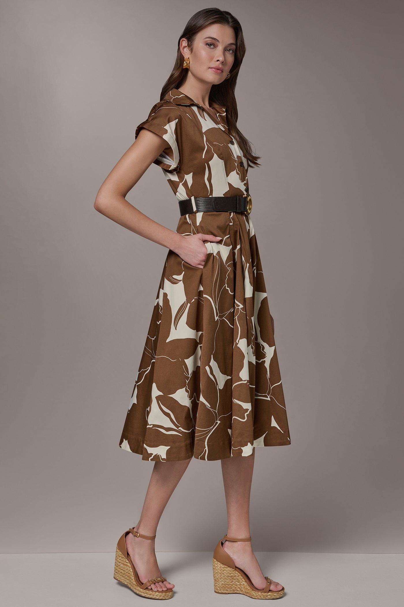 Cognac/Light Canvas COTTON-SATEEN FLORAL MIDI SHIRT DRESS Donna Karan