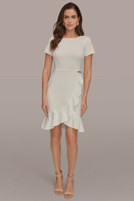 Cream SHORT SLEEVE RUFFLE SHEATH DRESS Donna Karan