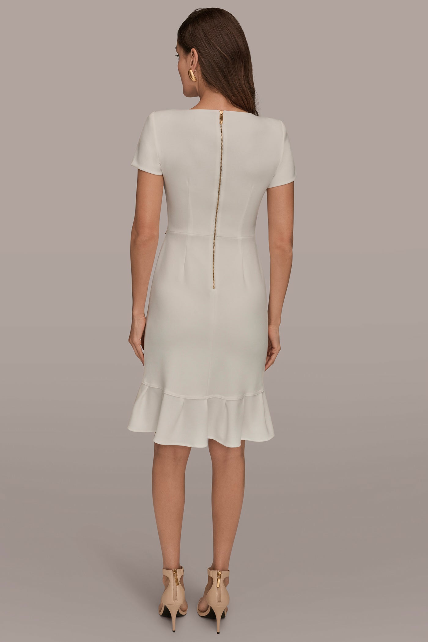 Cream SHORT SLEEVE RUFFLE SHEATH DRESS Donna Karan