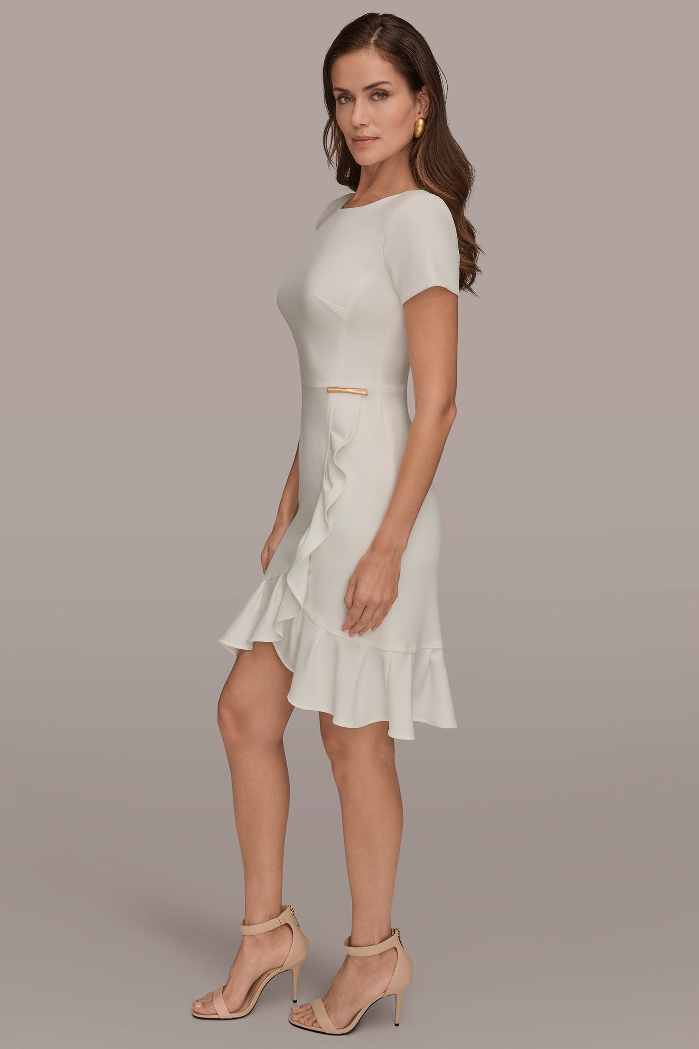 Cream SHORT SLEEVE RUFFLE SHEATH DRESS Donna Karan