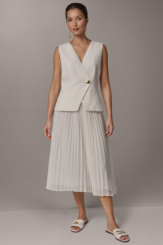 Cream LINEN-BLEND MIXED MEDIA MIDI FIT AND FLARE DRESS Donna Karan