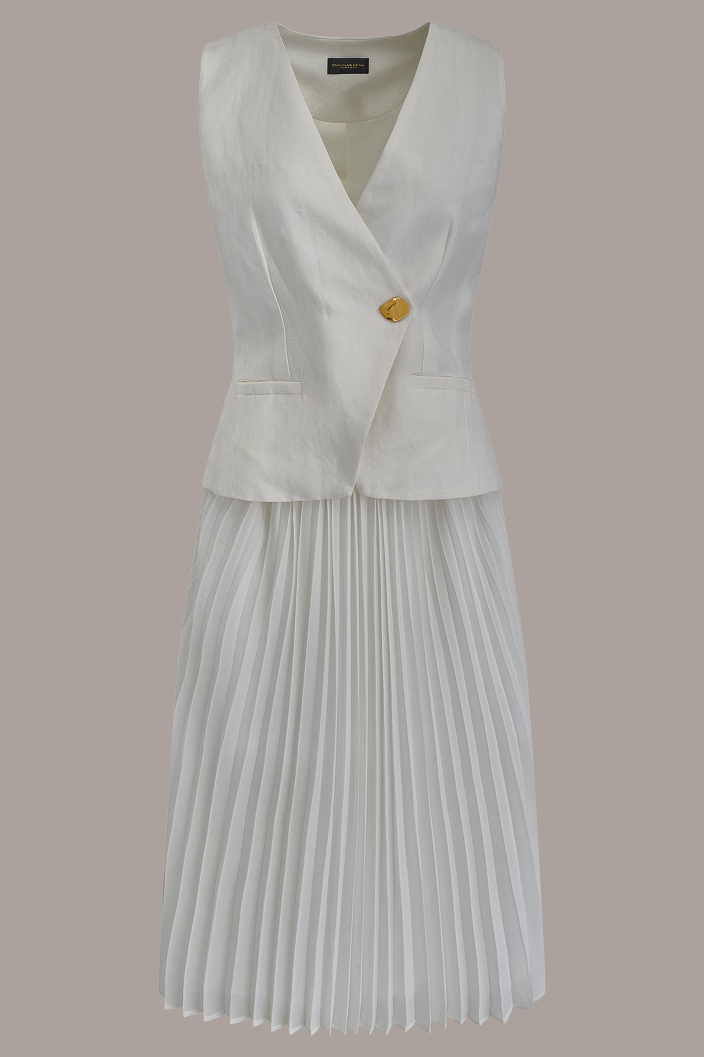 Cream LINEN-BLEND MIXED MEDIA MIDI FIT AND FLARE DRESS Donna Karan
