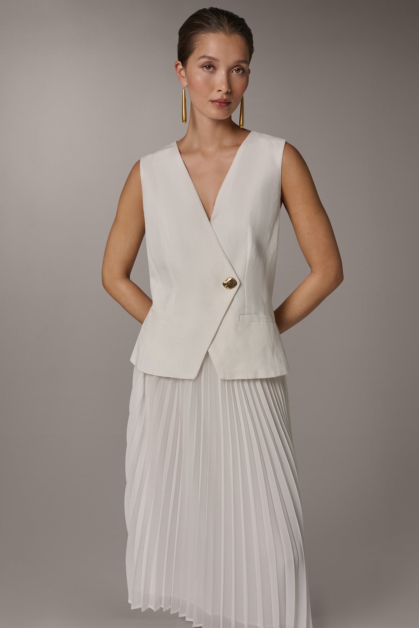 Cream LINEN-BLEND MIXED MEDIA MIDI FIT AND FLARE DRESS Donna Karan