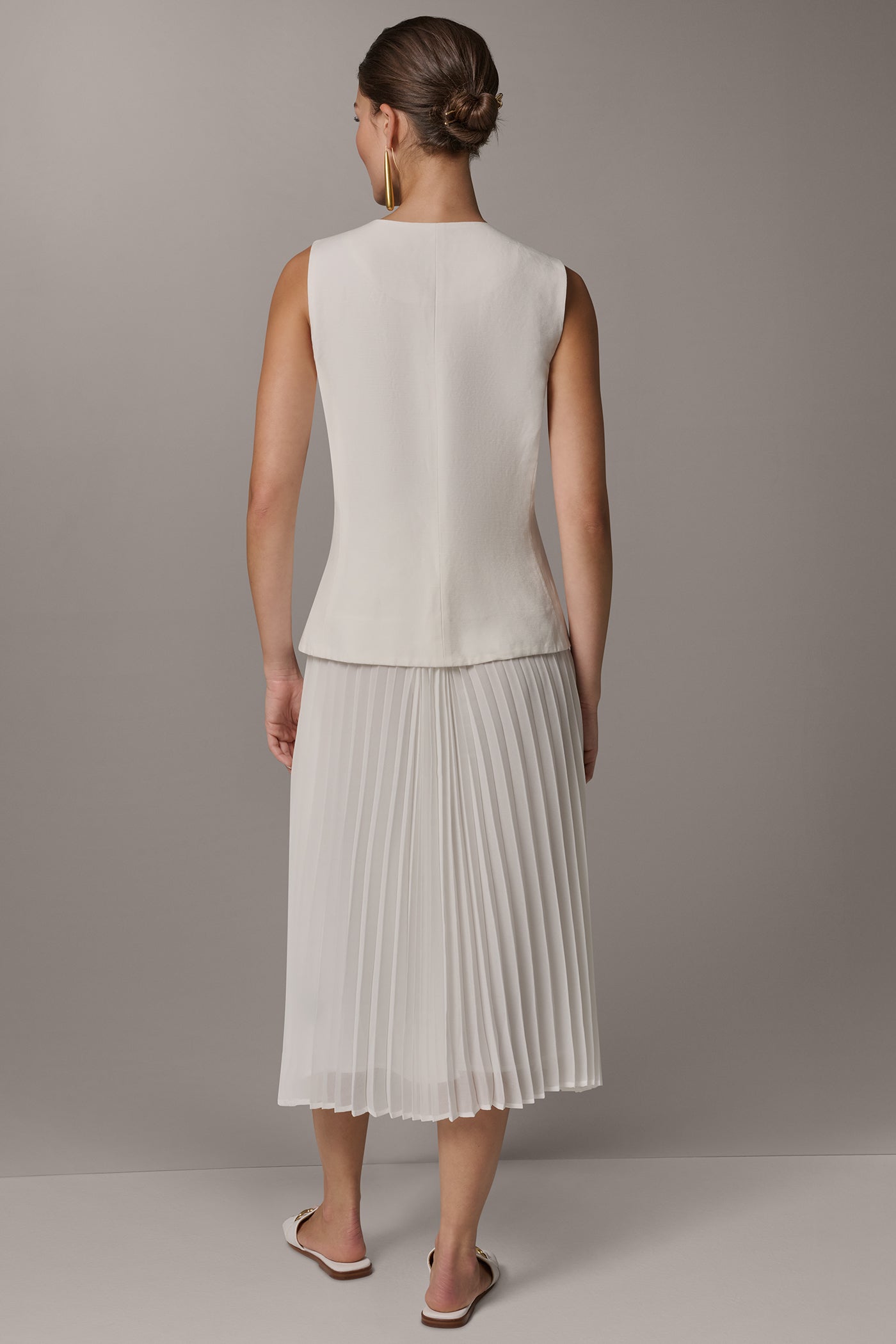 Cream LINEN-BLEND MIXED MEDIA MIDI FIT AND FLARE DRESS Donna Karan