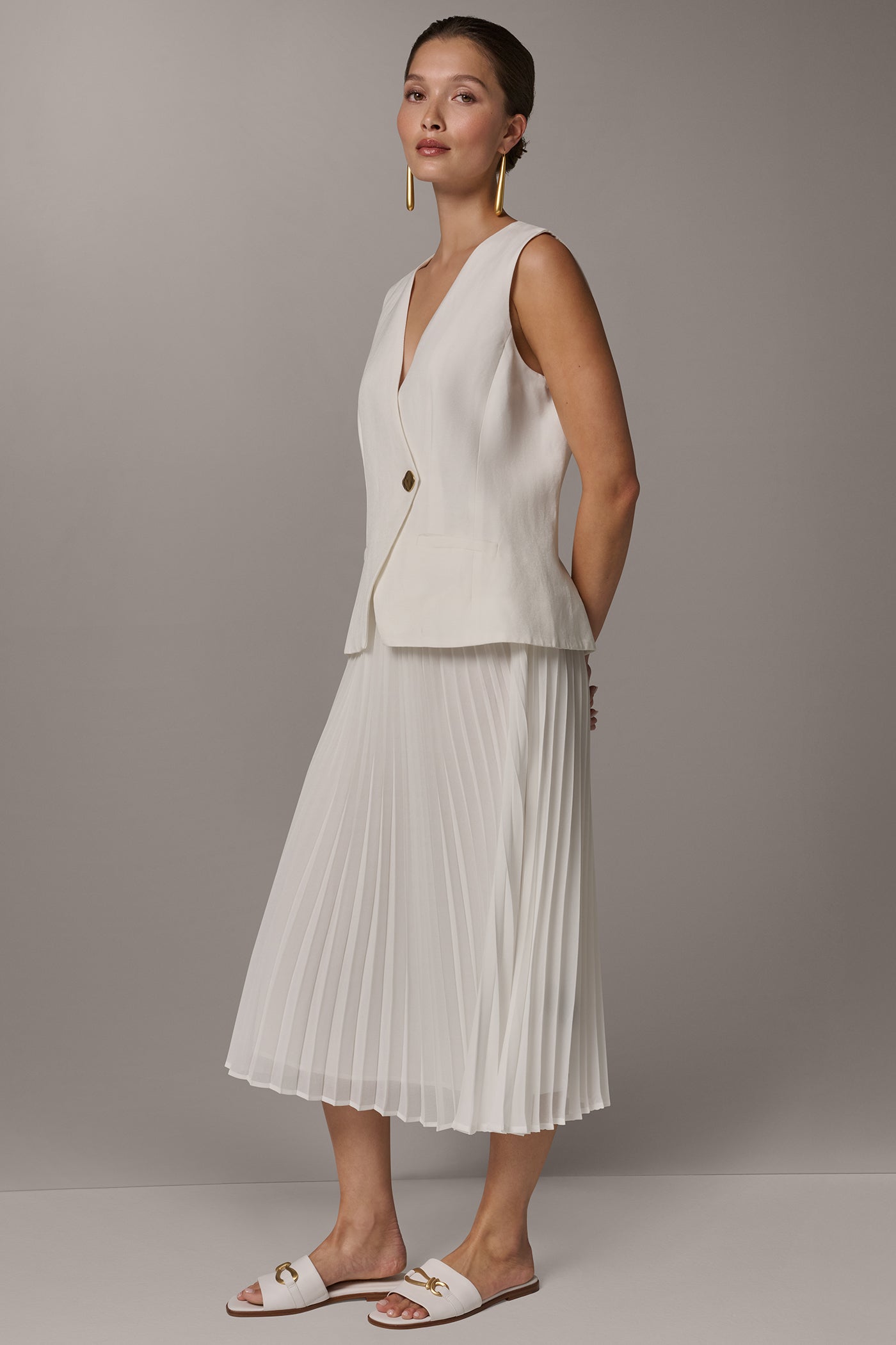 Cream LINEN-BLEND MIXED MEDIA MIDI FIT AND FLARE DRESS Donna Karan