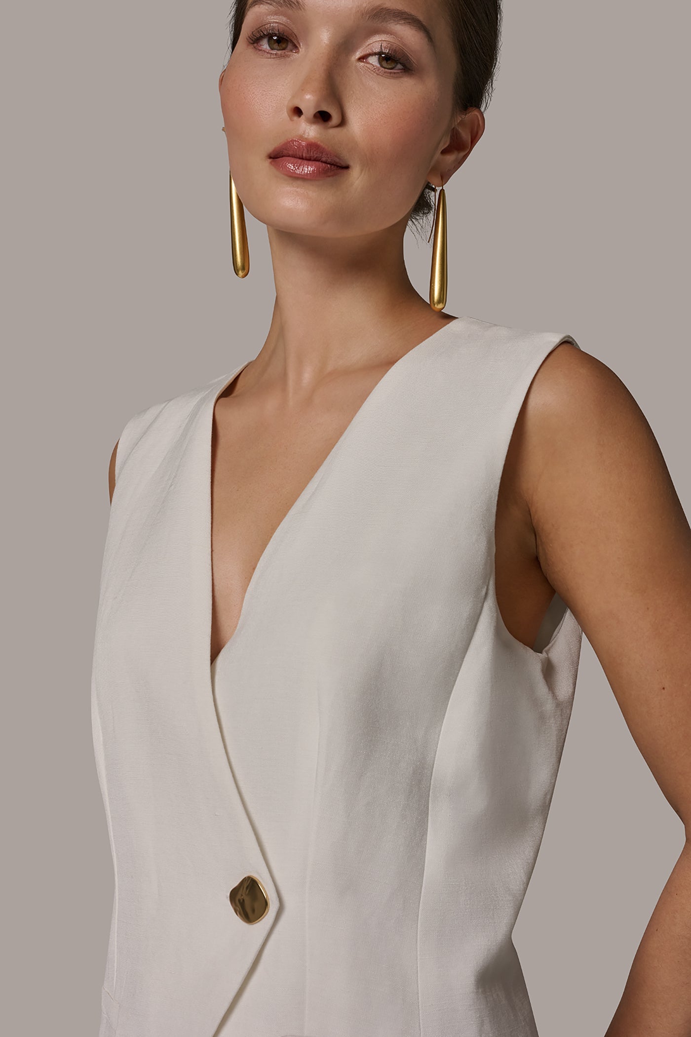 Cream LINEN-BLEND MIXED MEDIA MIDI FIT AND FLARE DRESS Donna Karan