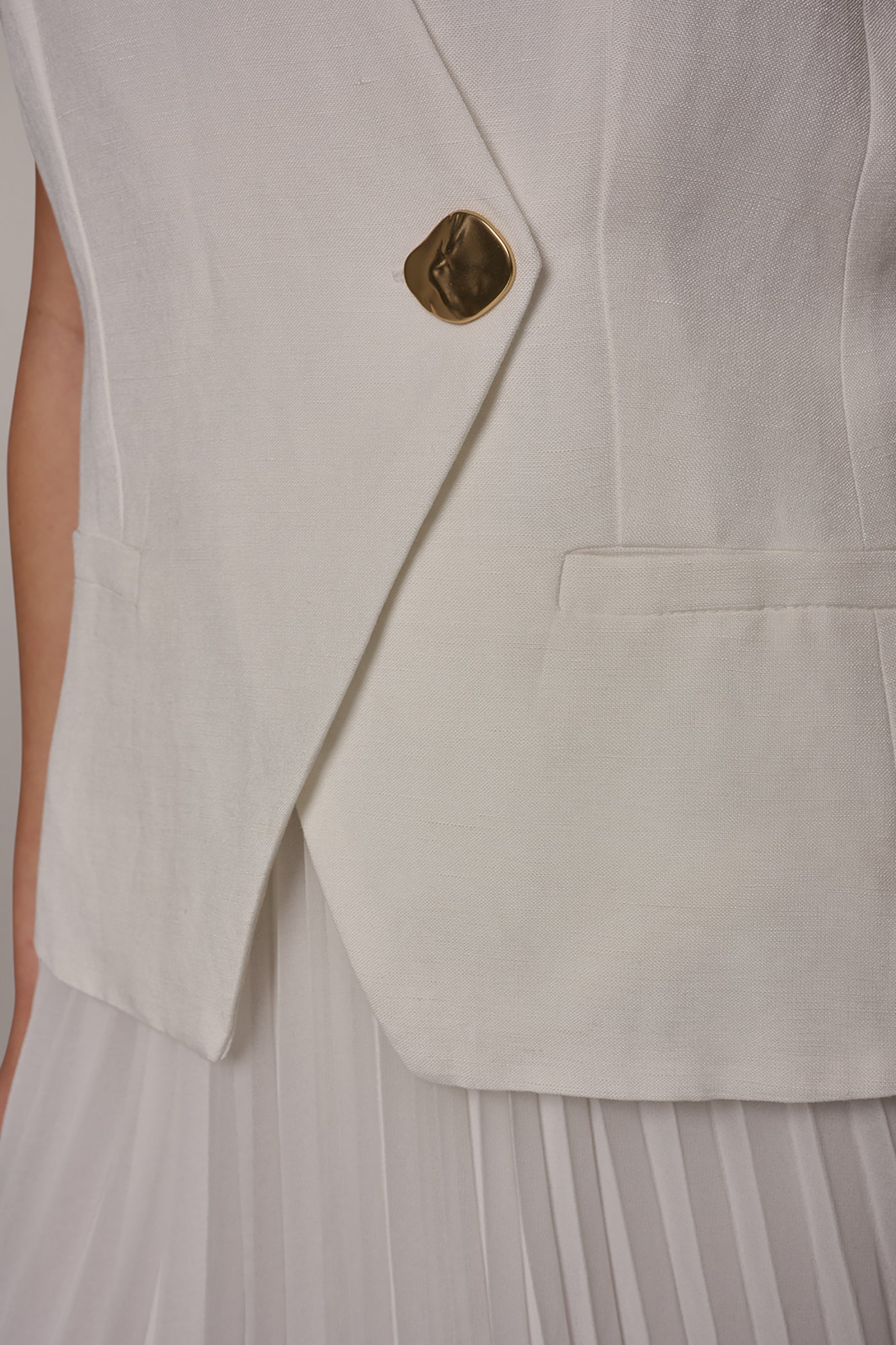 Cream LINEN-BLEND MIXED MEDIA MIDI FIT AND FLARE DRESS Donna Karan