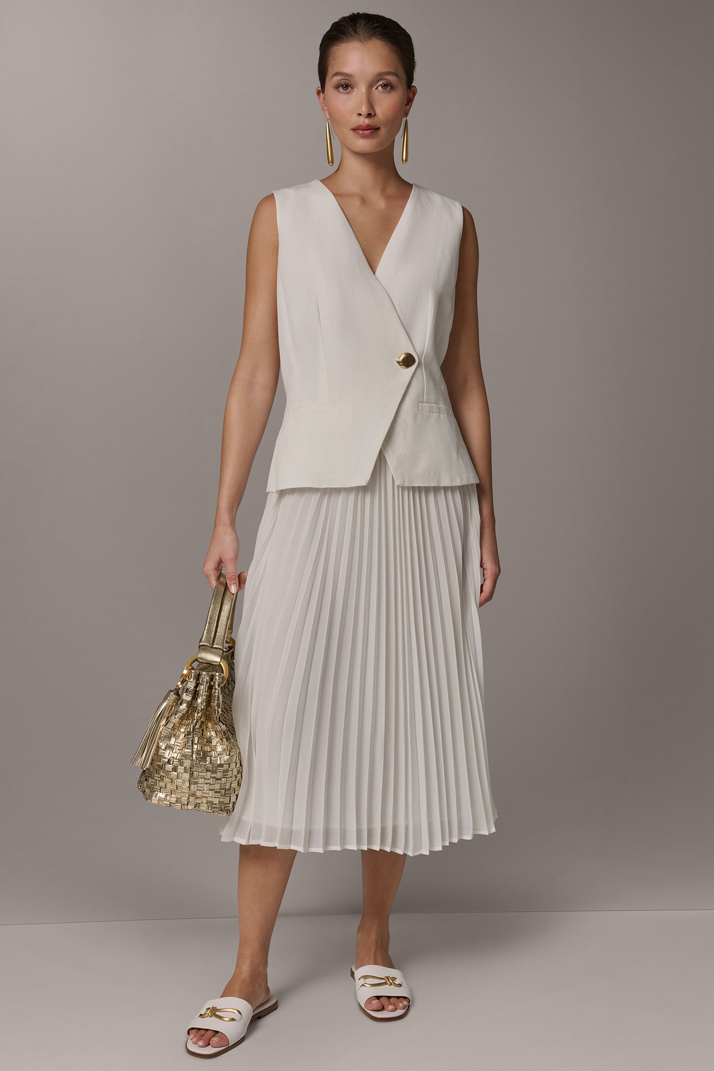 Cream LINEN-BLEND MIXED MEDIA MIDI FIT AND FLARE DRESS Donna Karan