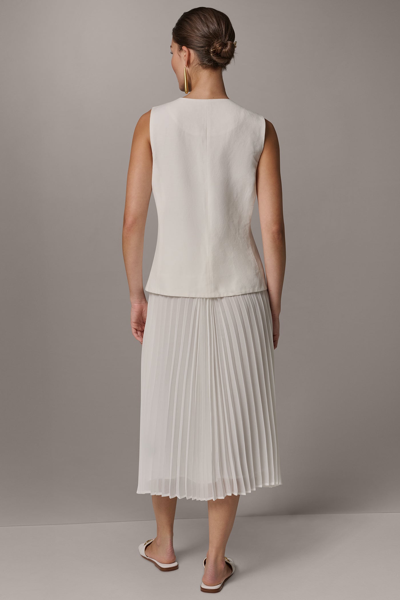 Cream LINEN-BLEND MIXED MEDIA MIDI FIT AND FLARE DRESS Donna Karan