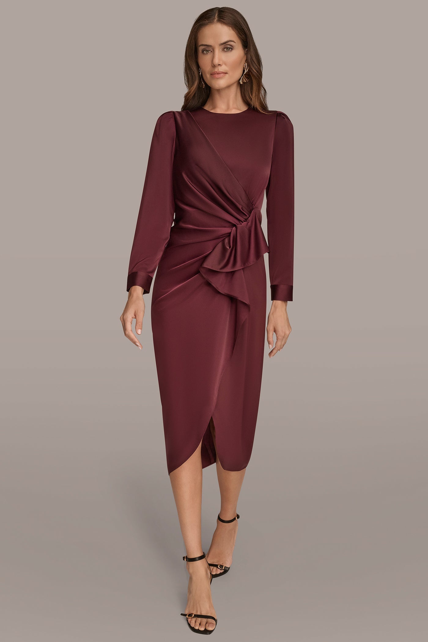 BERRY SATIN LONG SLEEVE RUFFLE MIDI DRESS Donna Karan