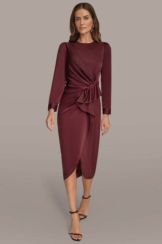 BERRY SATIN LONG SLEEVE RUFFLE MIDI DRESS Donna Karan