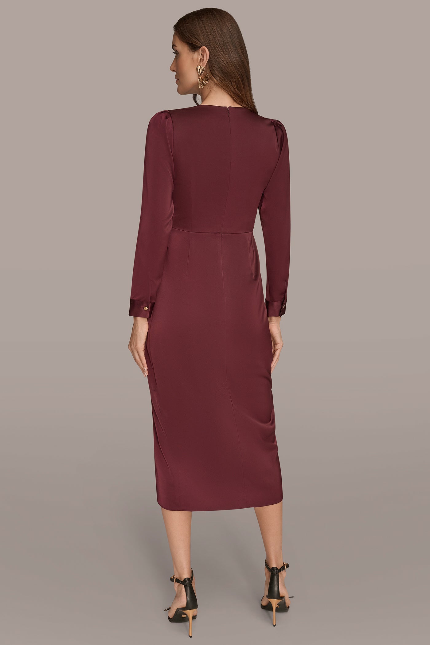 BERRY SATIN LONG SLEEVE RUFFLE MIDI DRESS Donna Karan