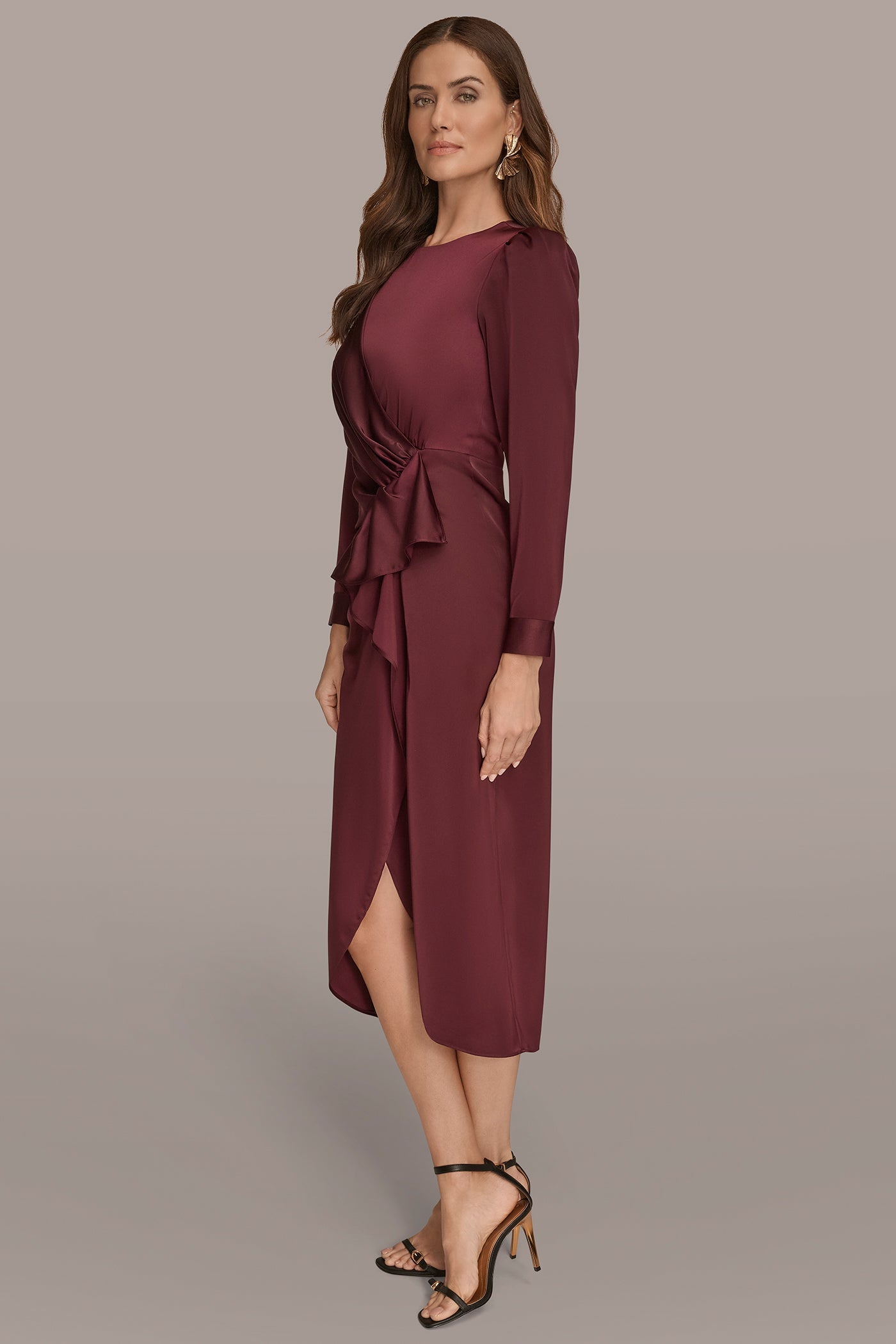 BERRY SATIN LONG SLEEVE RUFFLE MIDI DRESS Donna Karan