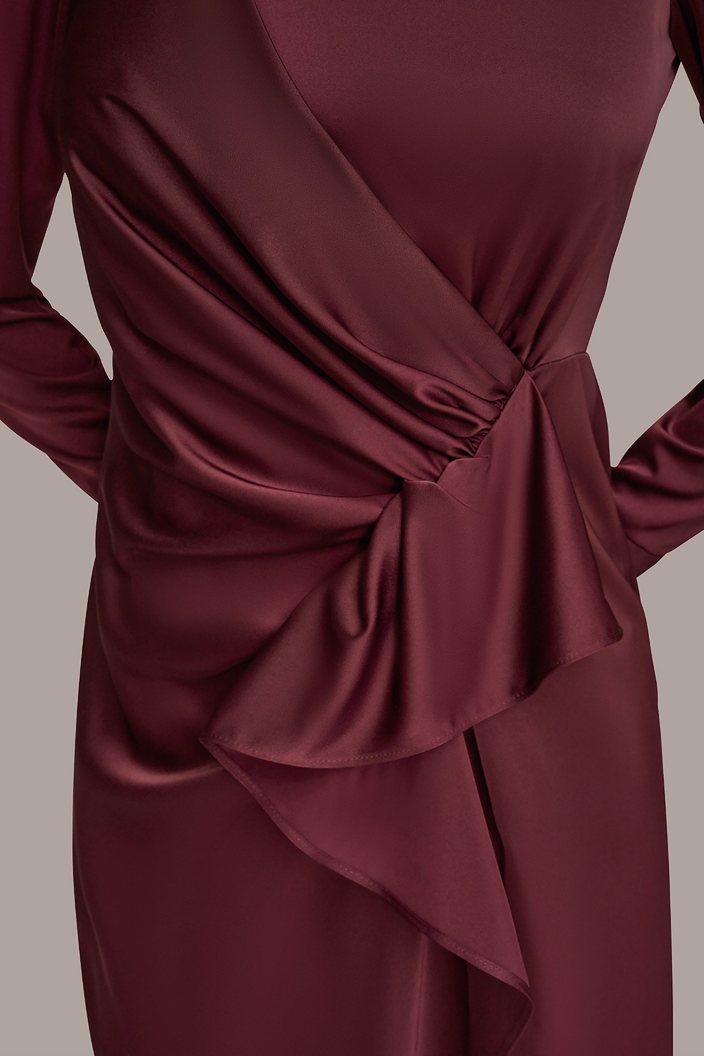 BERRY SATIN LONG SLEEVE RUFFLE MIDI DRESS Donna Karan