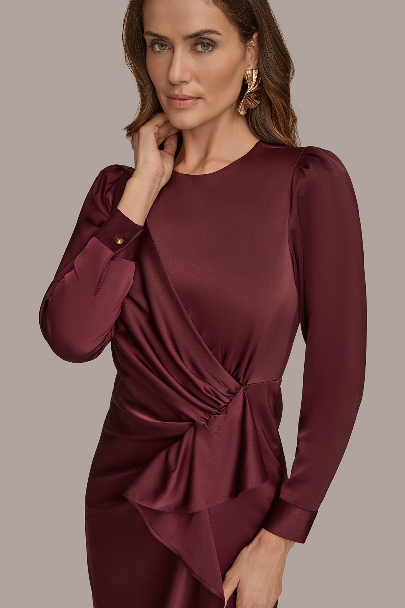 BERRY SATIN LONG SLEEVE RUFFLE MIDI DRESS Donna Karan