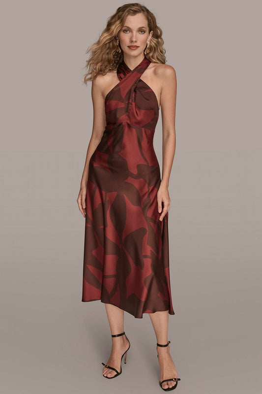 Oxblood/Rhododendron FLORAL CROSS-FRONT MIDI HALTER DRESS Donna Karan