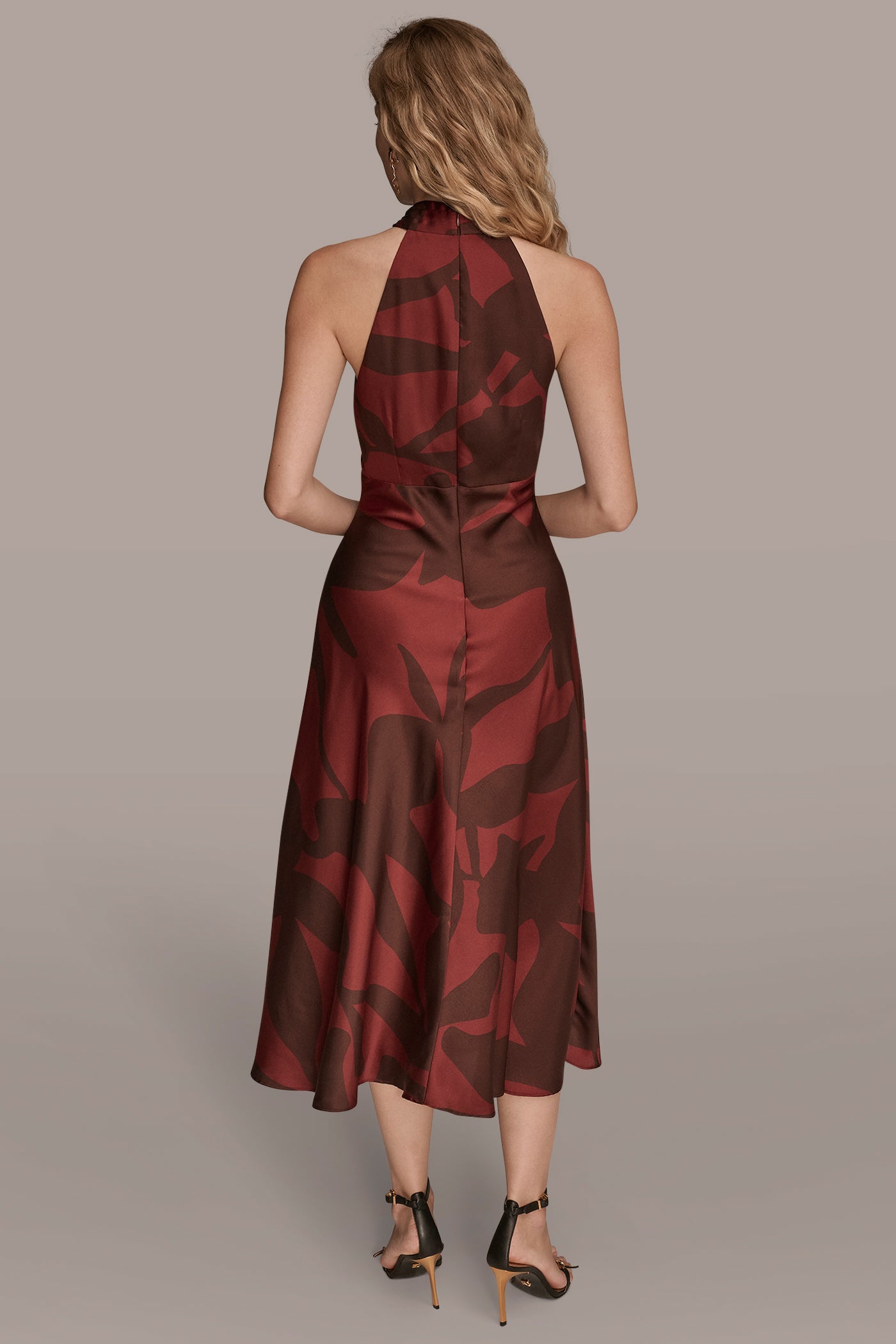 Oxblood/Rhododendron FLORAL CROSS-FRONT MIDI HALTER DRESS Donna Karan