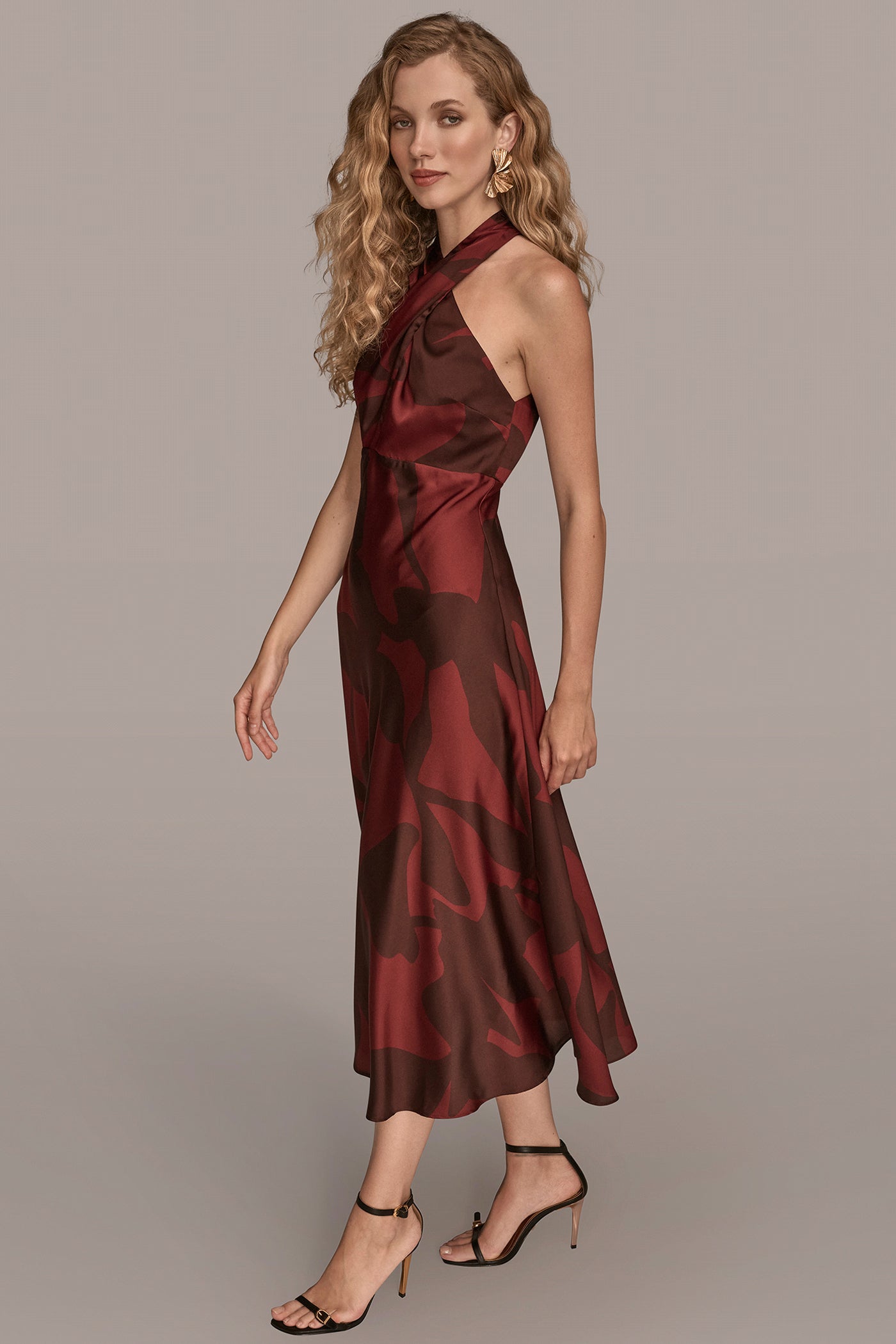 Oxblood/Rhododendron FLORAL CROSS-FRONT MIDI HALTER DRESS Donna Karan