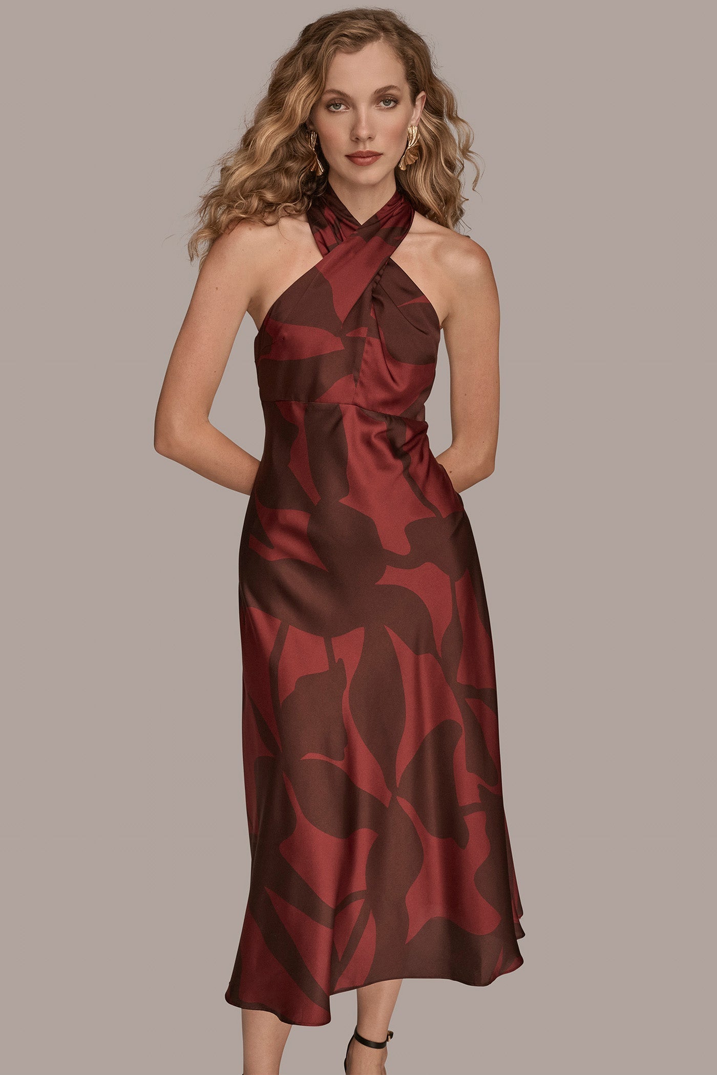 Oxblood/Rhododendron FLORAL CROSS-FRONT MIDI HALTER DRESS Donna Karan