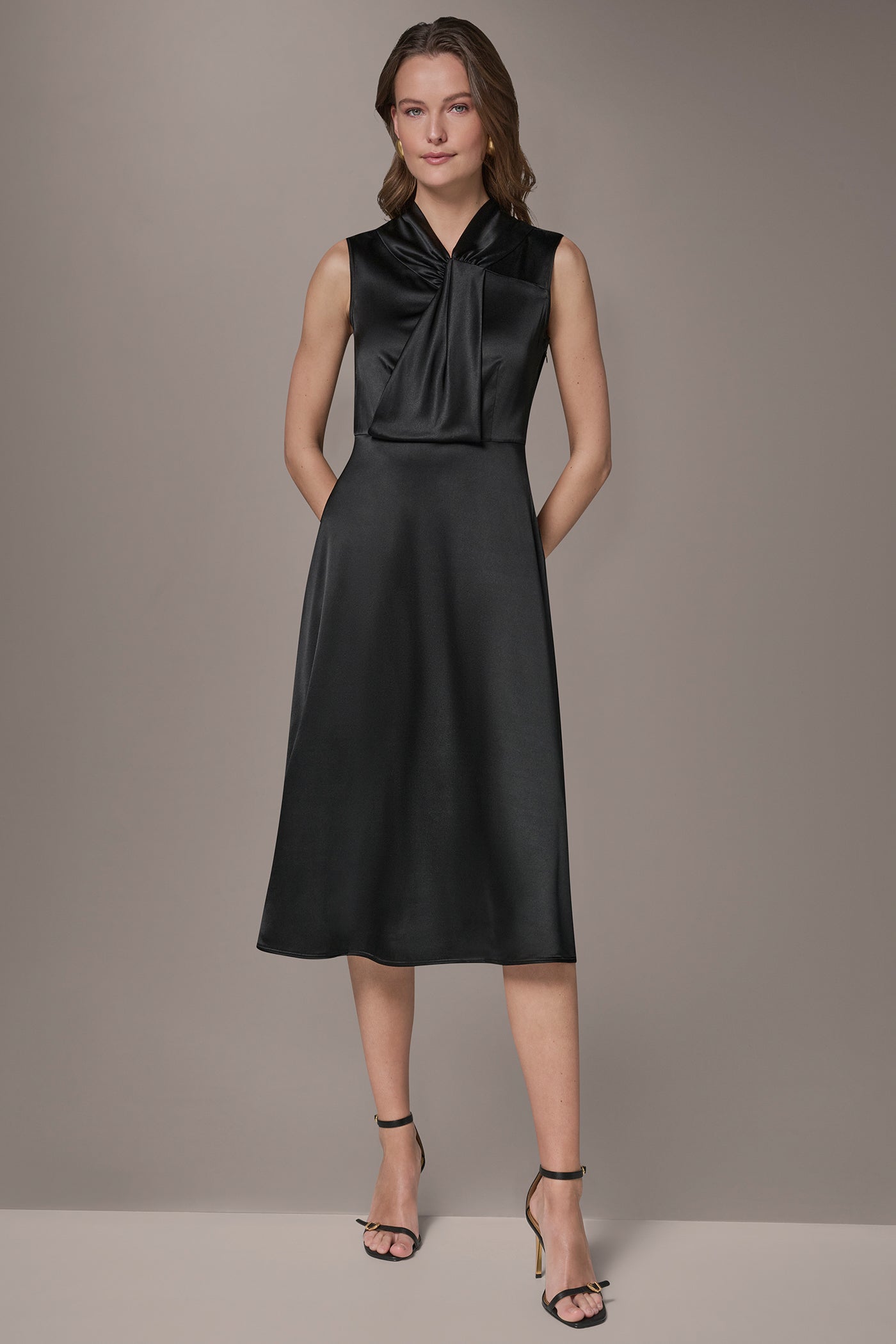 Black SILK-CHARMEUSE MIDI A-LINE DRESS Donna Karan