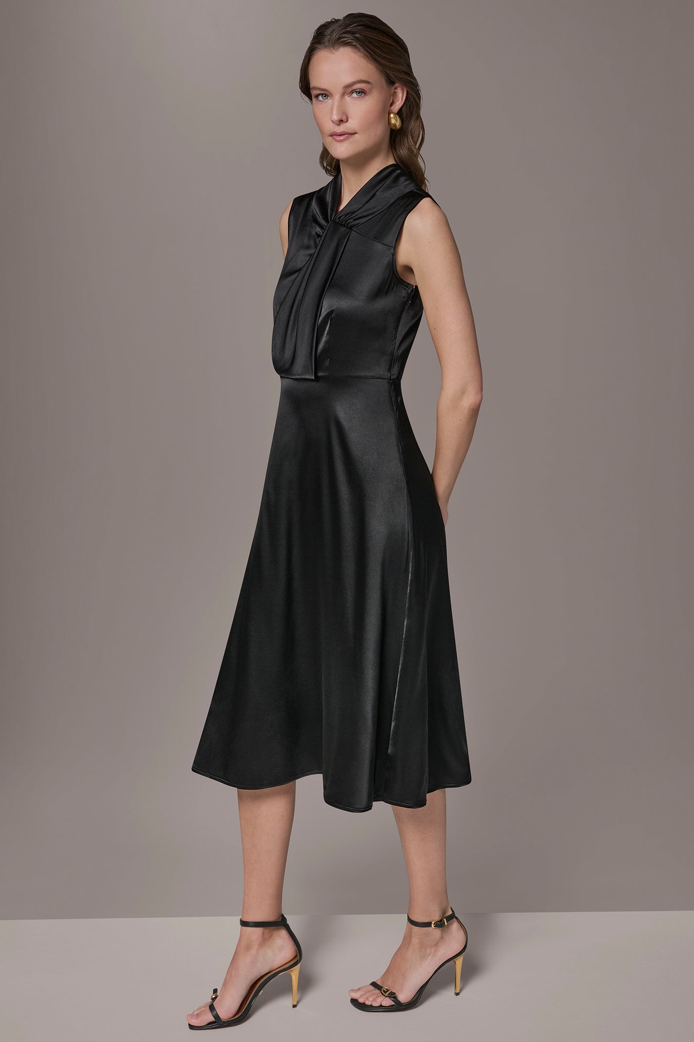 Black SILK-CHARMEUSE MIDI A-LINE DRESS Donna Karan
