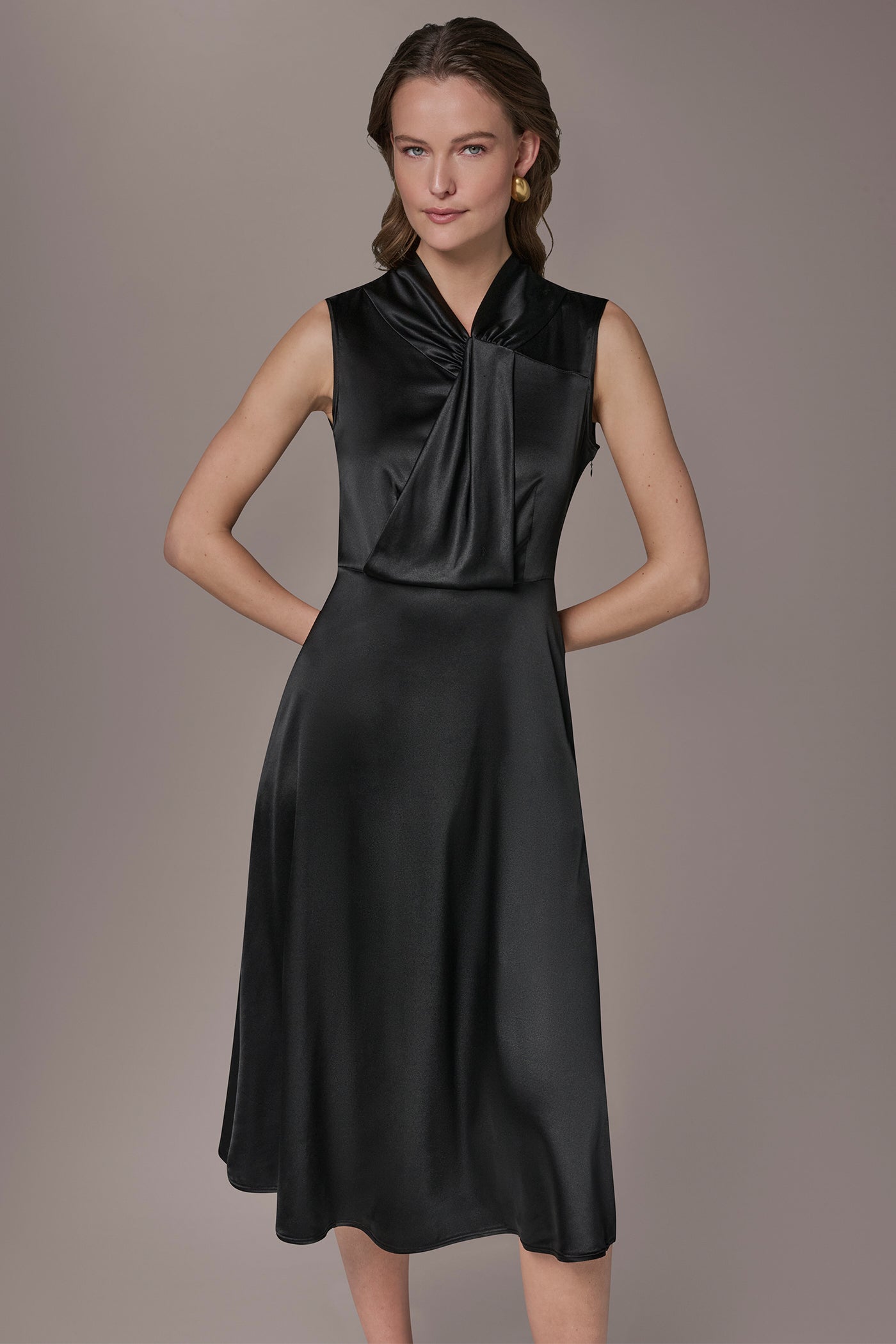 Black SILK-CHARMEUSE MIDI A-LINE DRESS Donna Karan