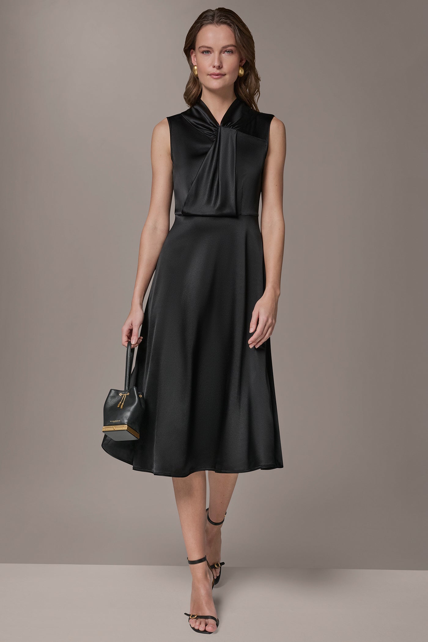 Black SILK-CHARMEUSE MIDI A-LINE DRESS Donna Karan