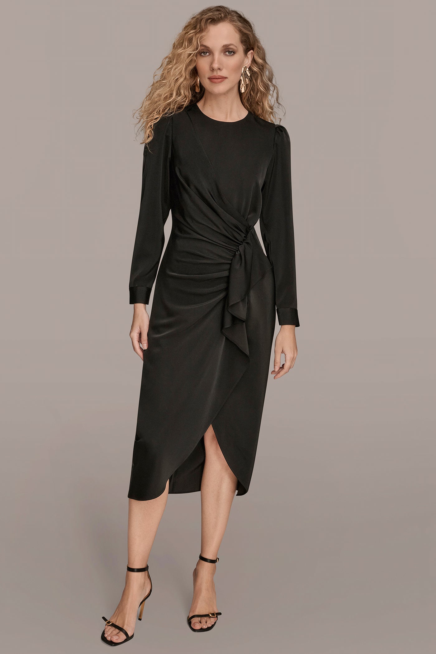 Black SATIN LONG SLEEVE RUFFLE MIDI DRESS Donna Karan