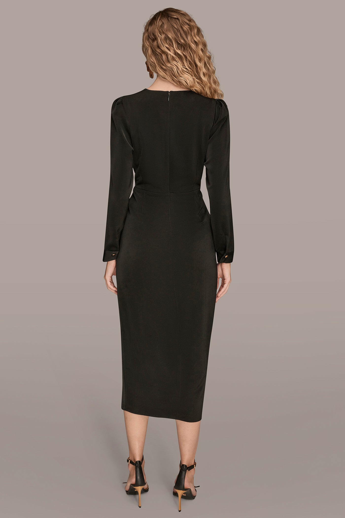 Black SATIN LONG SLEEVE RUFFLE MIDI DRESS Donna Karan