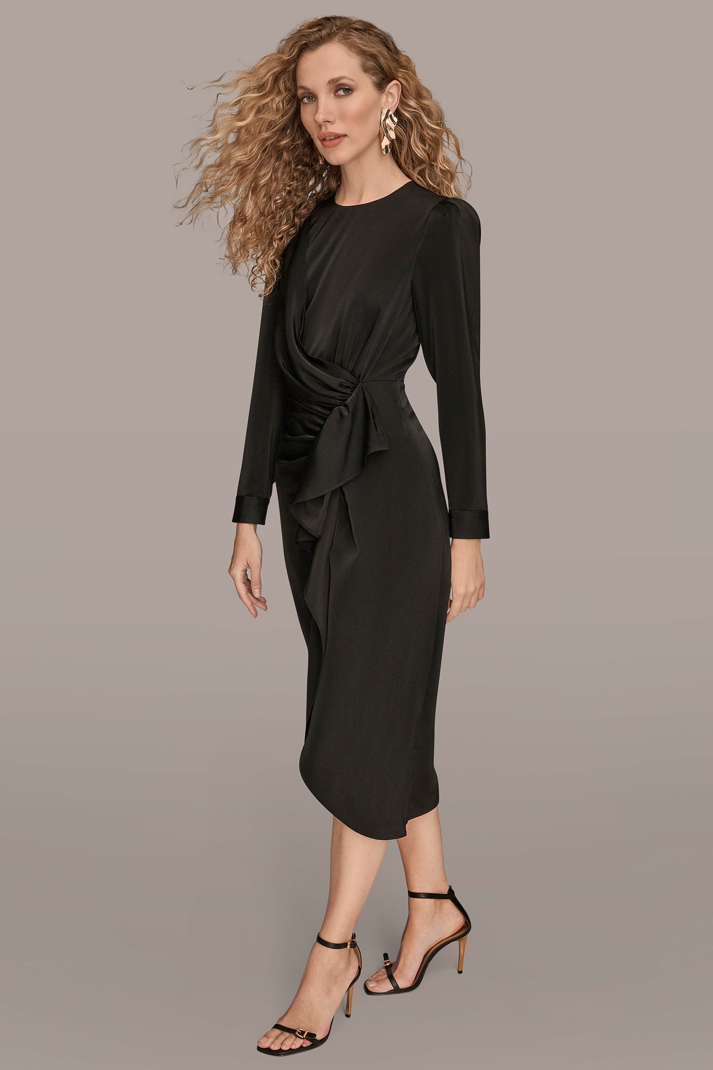 Black SATIN LONG SLEEVE RUFFLE MIDI DRESS Donna Karan