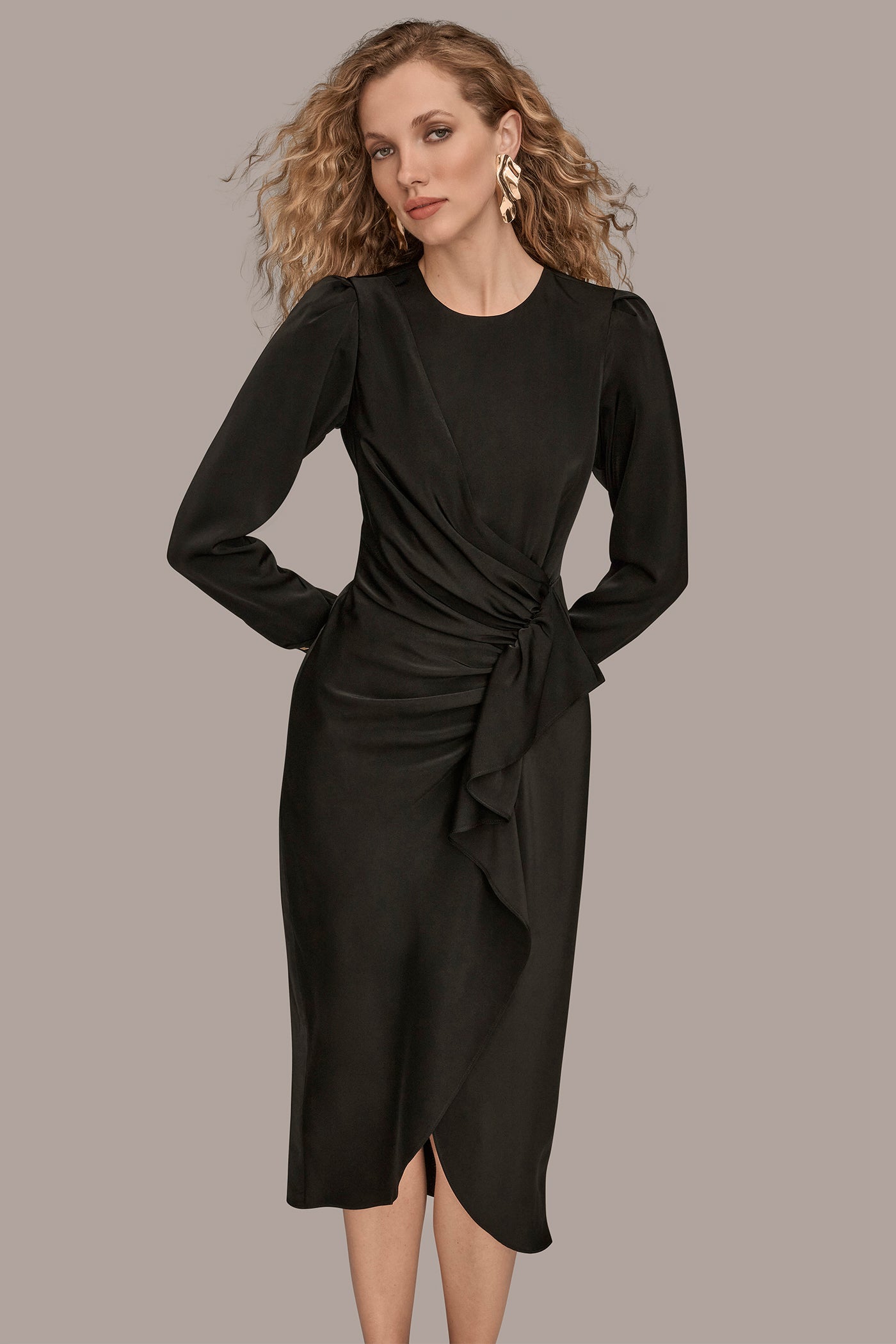 Black SATIN LONG SLEEVE RUFFLE MIDI DRESS Donna Karan