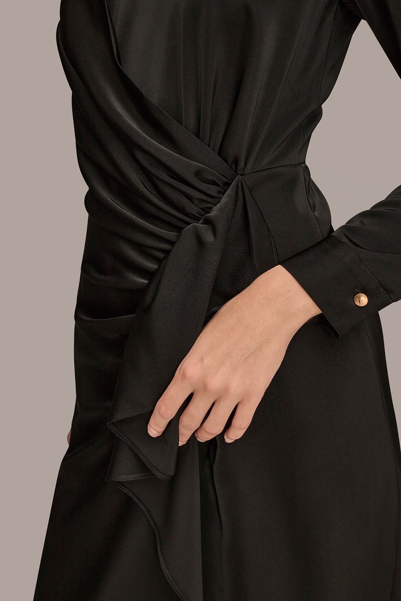 Black SATIN LONG SLEEVE RUFFLE MIDI DRESS Donna Karan