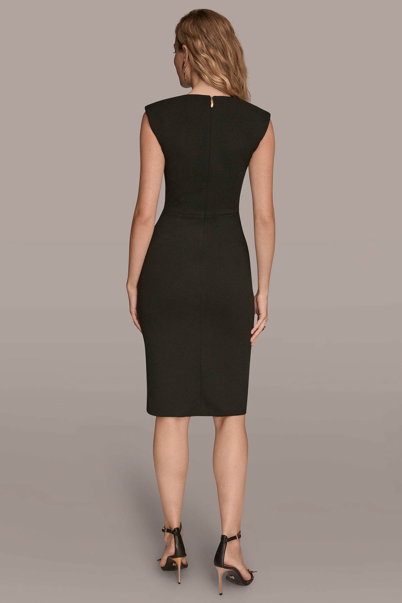 Black SLEEVELESS SPLIT-FRONT MIDI SHEATH DRESS Donna Karan