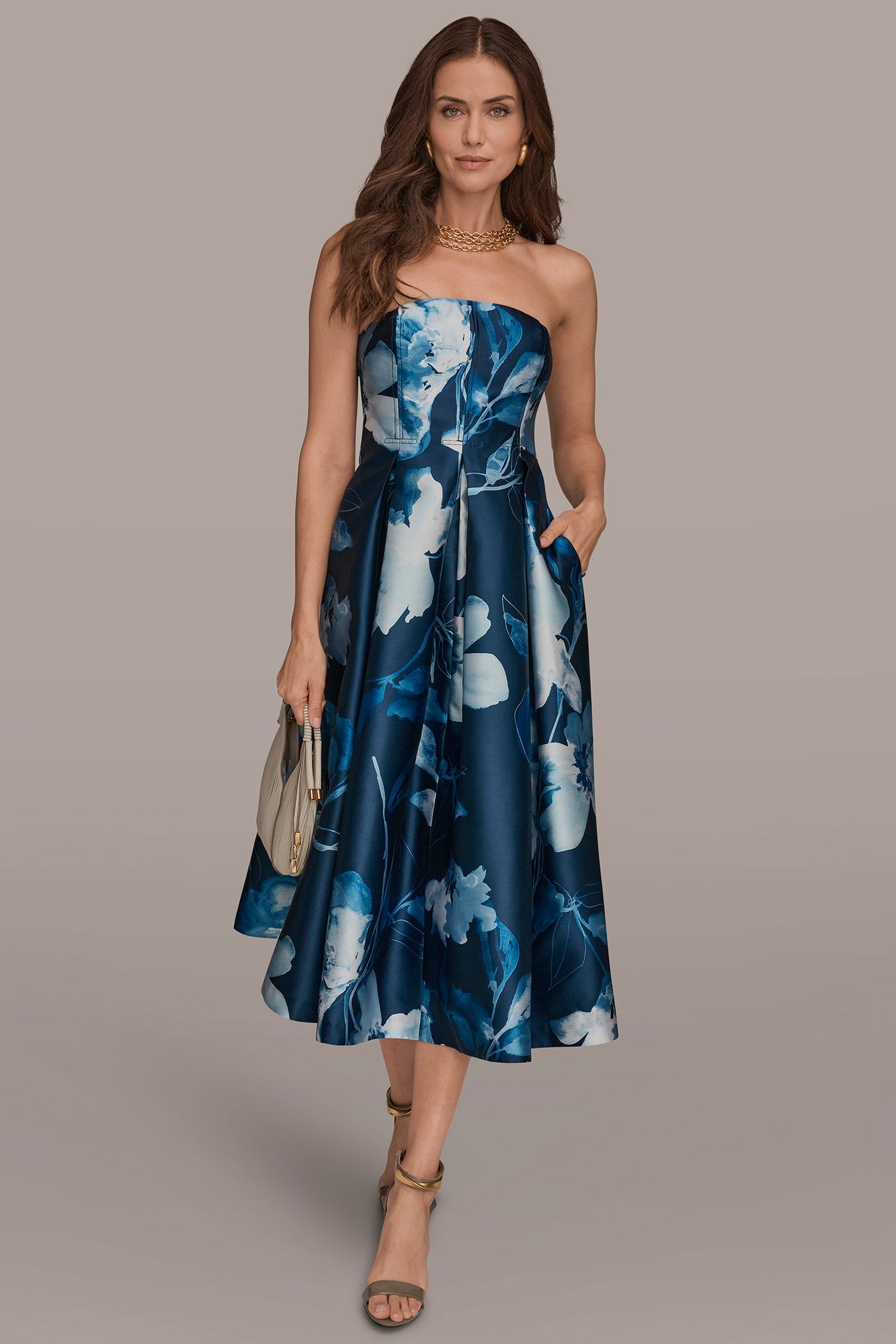 Nightfall/Washed Indigo MIKADO STRAPLESS FLORAL MIDI GOWN Donna Karan