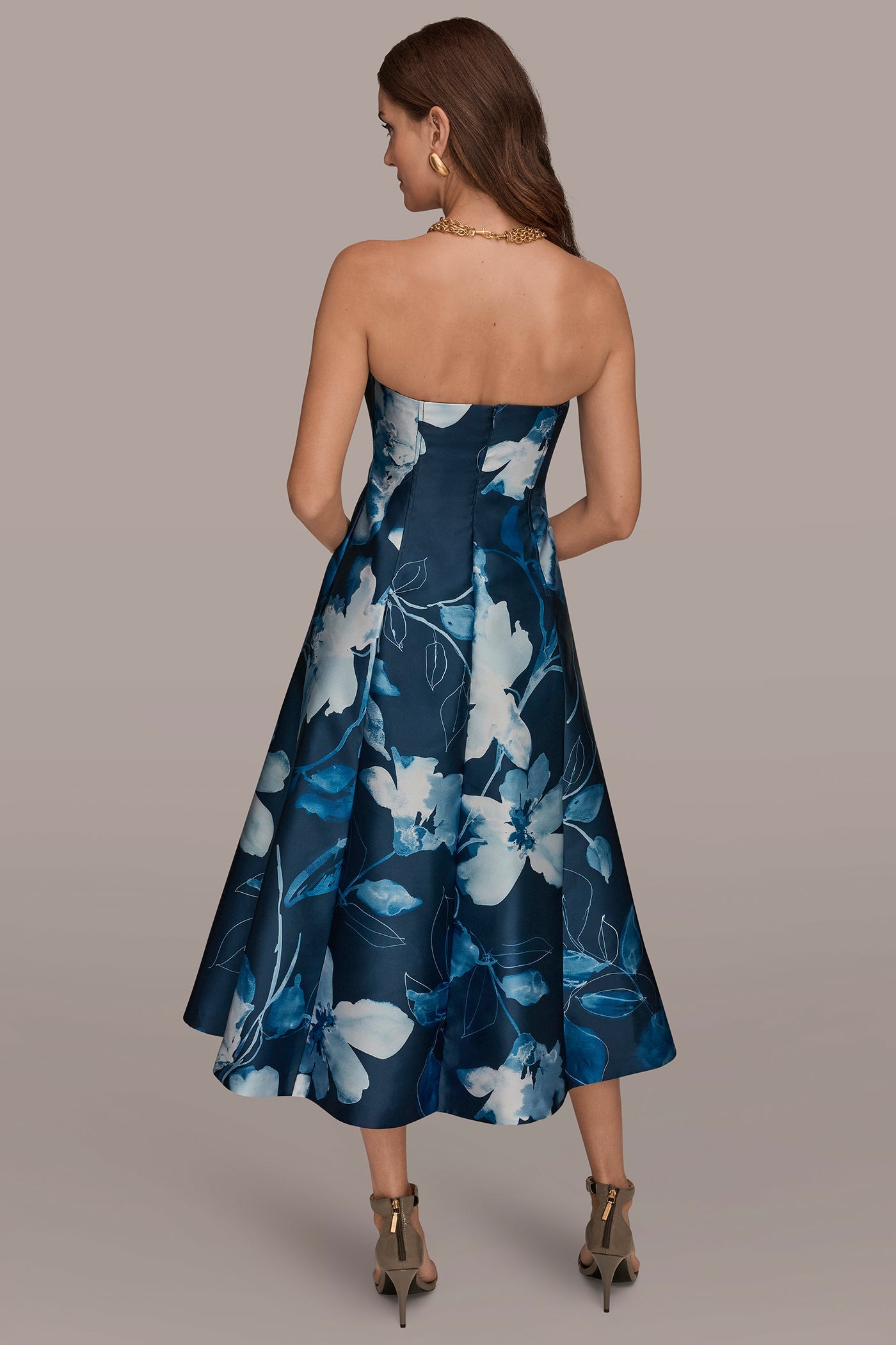 Nightfall/Washed Indigo MIKADO STRAPLESS FLORAL MIDI GOWN Donna Karan