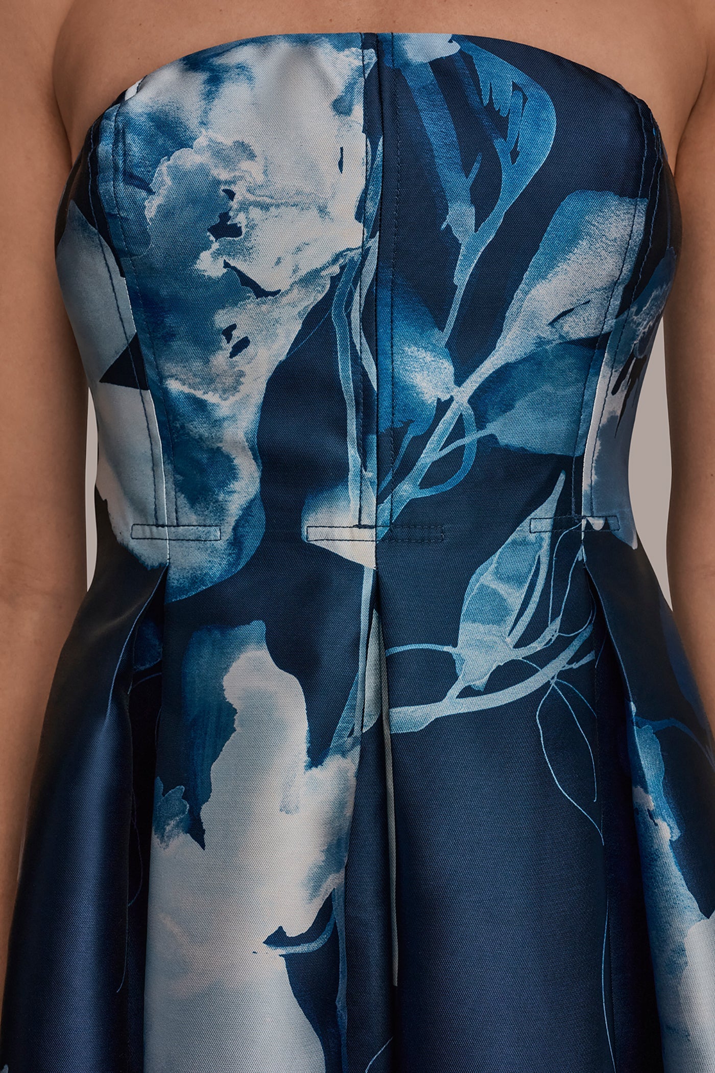 Nightfall/Washed Indigo MIKADO STRAPLESS FLORAL MIDI GOWN Donna Karan