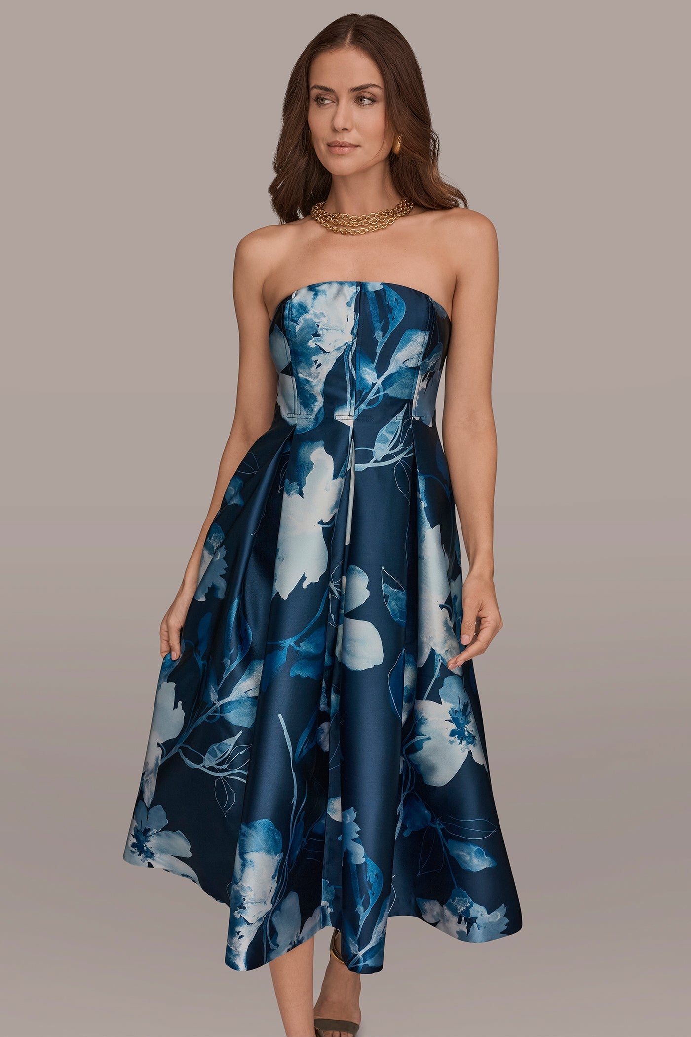 Nightfall/Washed Indigo MIKADO STRAPLESS FLORAL MIDI GOWN Donna Karan