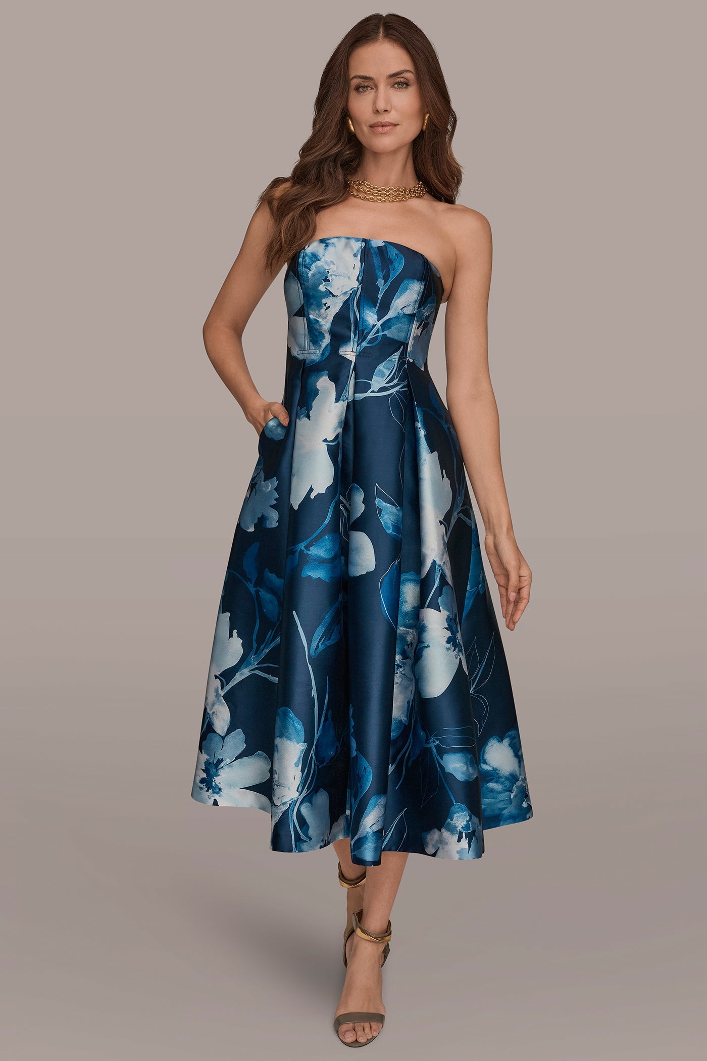 Nightfall/Washed Indigo MIKADO STRAPLESS FLORAL MIDI GOWN Donna Karan