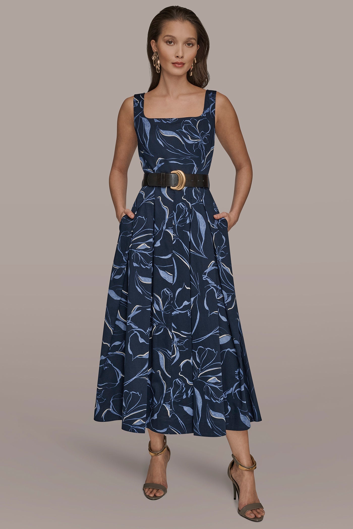 NIGHTFALL MULTI COTTON FLORAL SQUARE-NECK MIDI DRESS Donna Karan