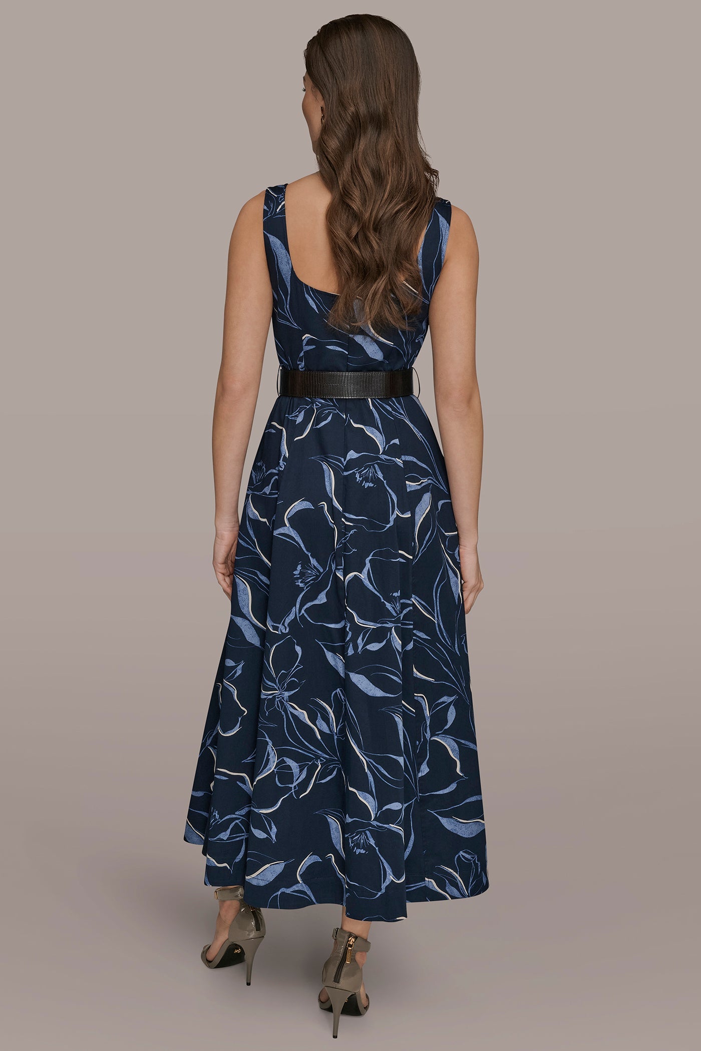 NIGHTFALL MULTI COTTON FLORAL SQUARE-NECK MIDI DRESS Donna Karan